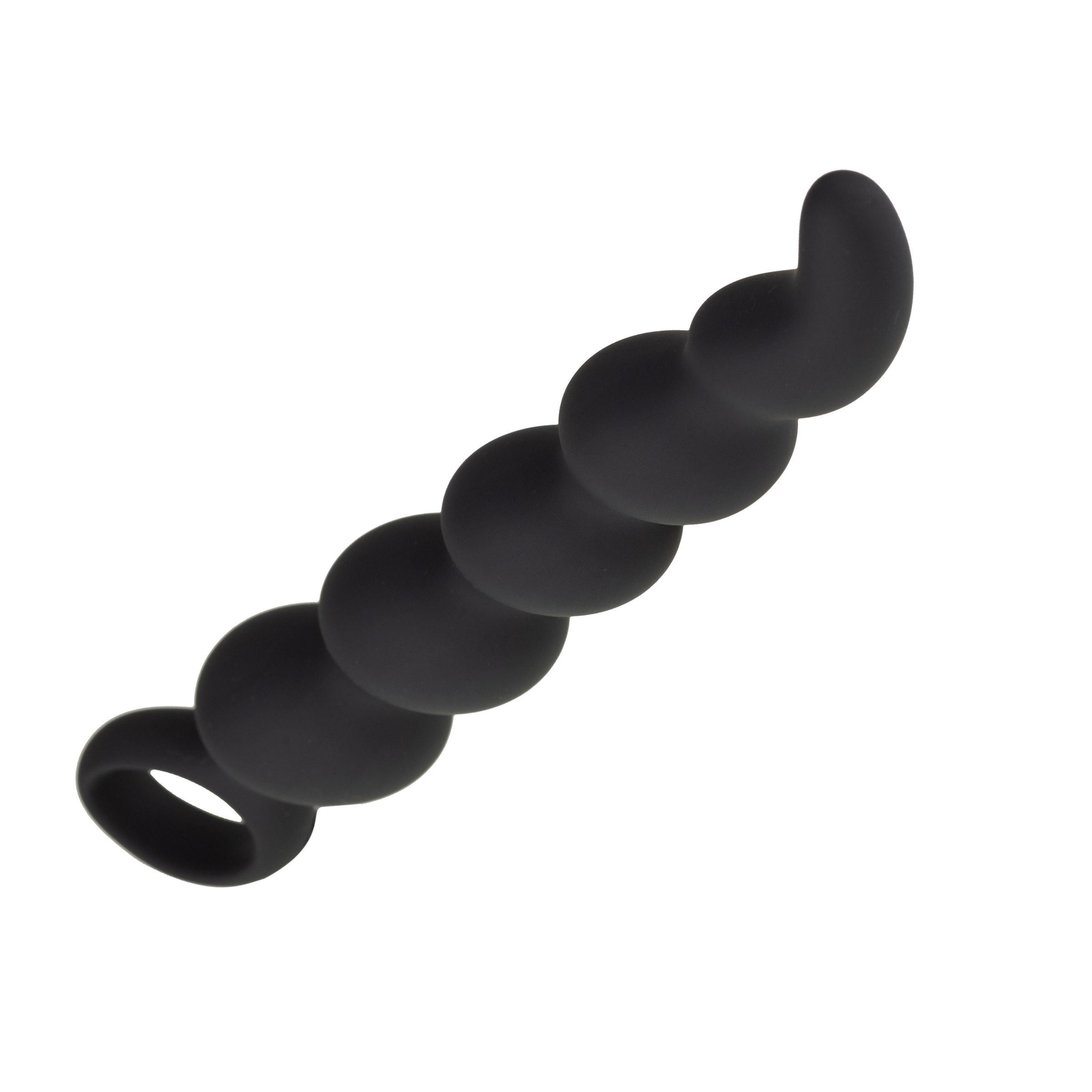 Zwart wellnessproduct in spiraalvorm, met zes bolvormige elementen en een ring aan het uiteinde.