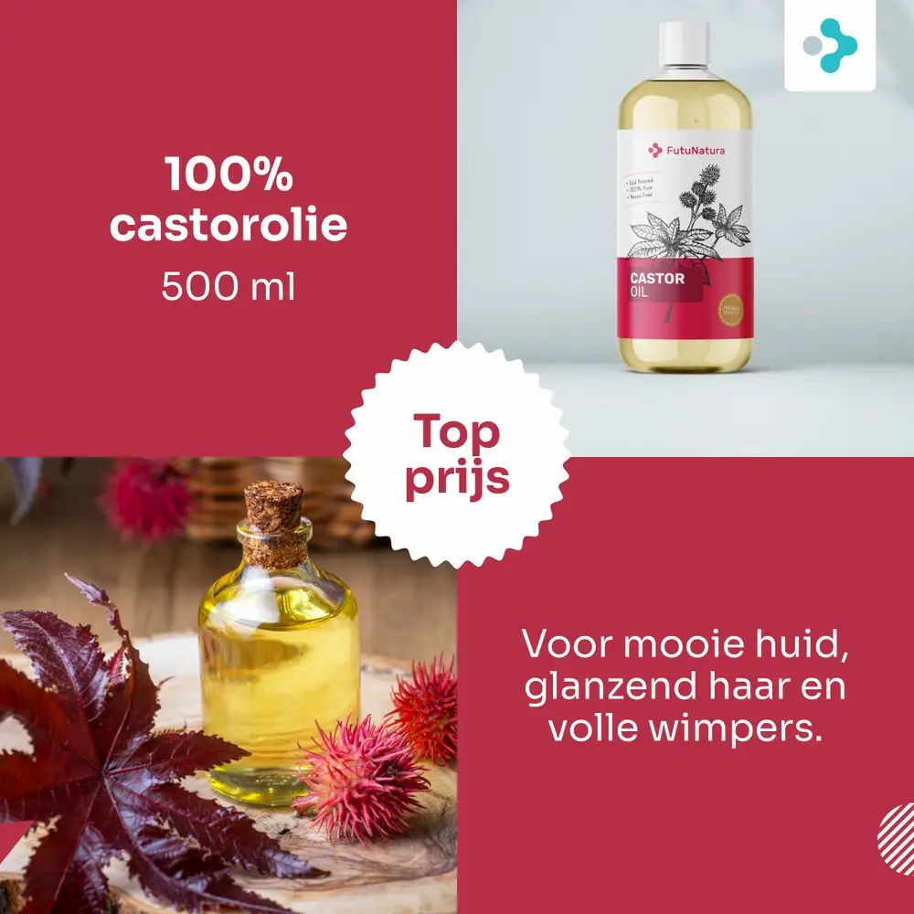Fles FutuNatura ricinusolie. Etiket met Castor Oil en illustratie. Witte dop, gelige vloeistof.