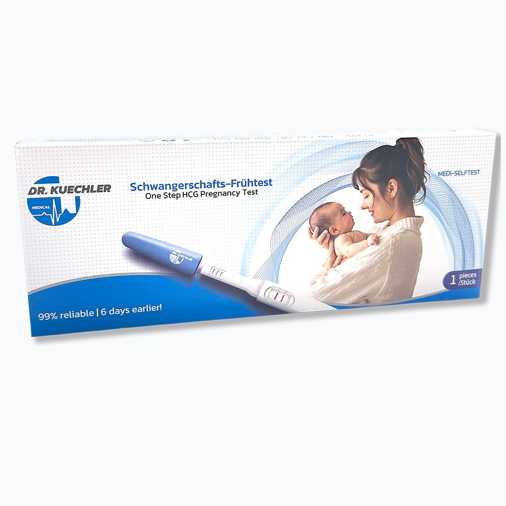 Emballage de test de grossesse précoce avec bâtonnet test et image d'une mère avec bébé.