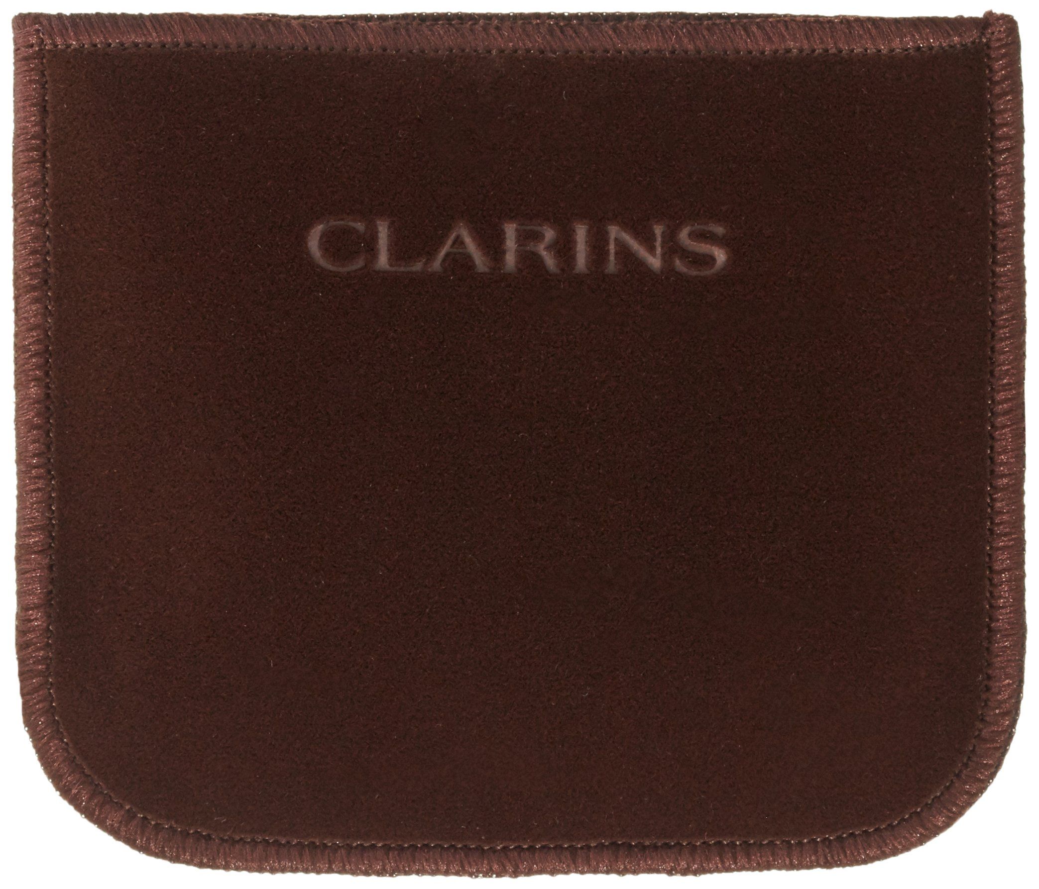 Bruine cosmetische tas met de tekst CLARINS. Rechthoekige vorm met afgeronde hoeken en sierstiksel.