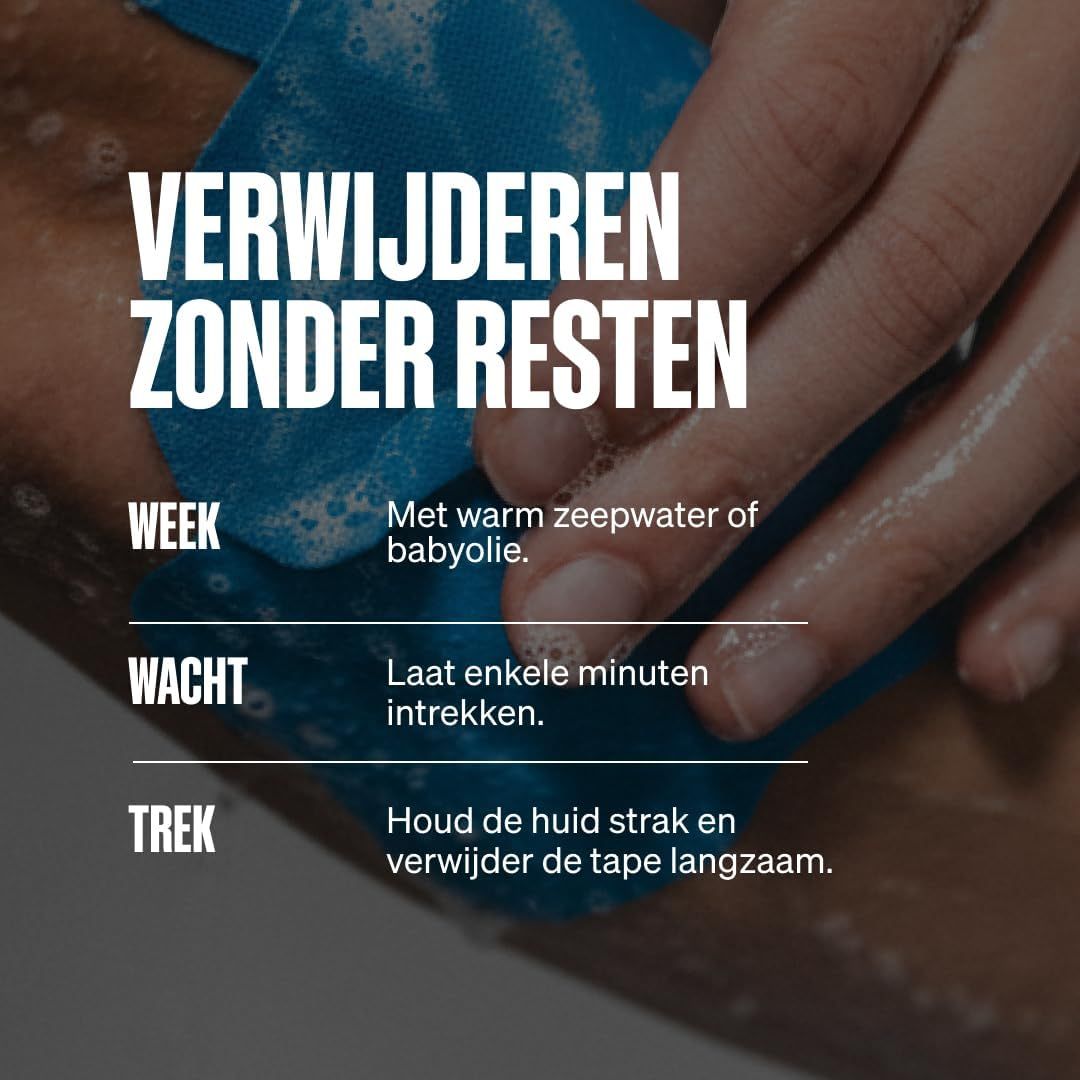 Instructies voor het aanbrengen van kinesiologie tape: Aanbrengen op schone huid, niet te ver uitrekken.