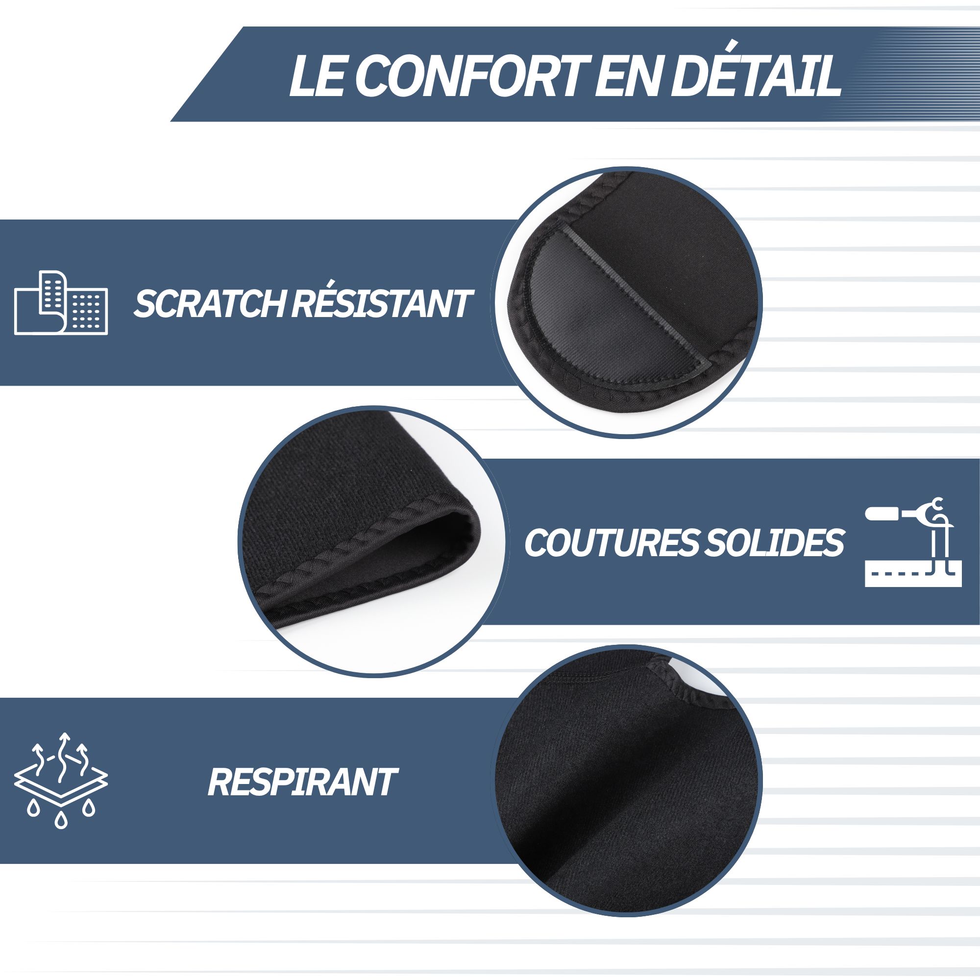 Bandage noir avec coutures renforcées et matière respirante.