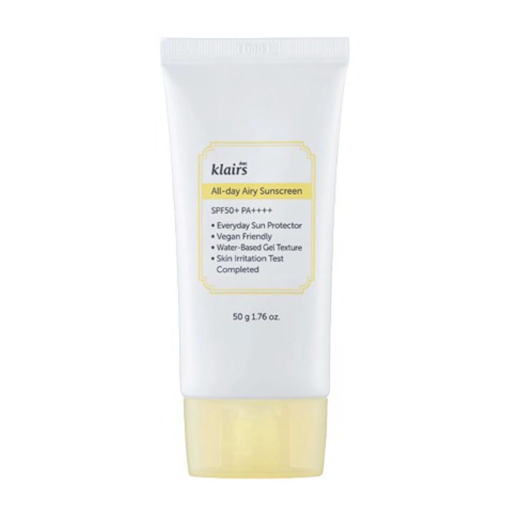 Witte tube met gele dop. Opschrift: klairs All-day Airy Sunscreen SPF50+ PA++++. 50 g 1.76 oz.