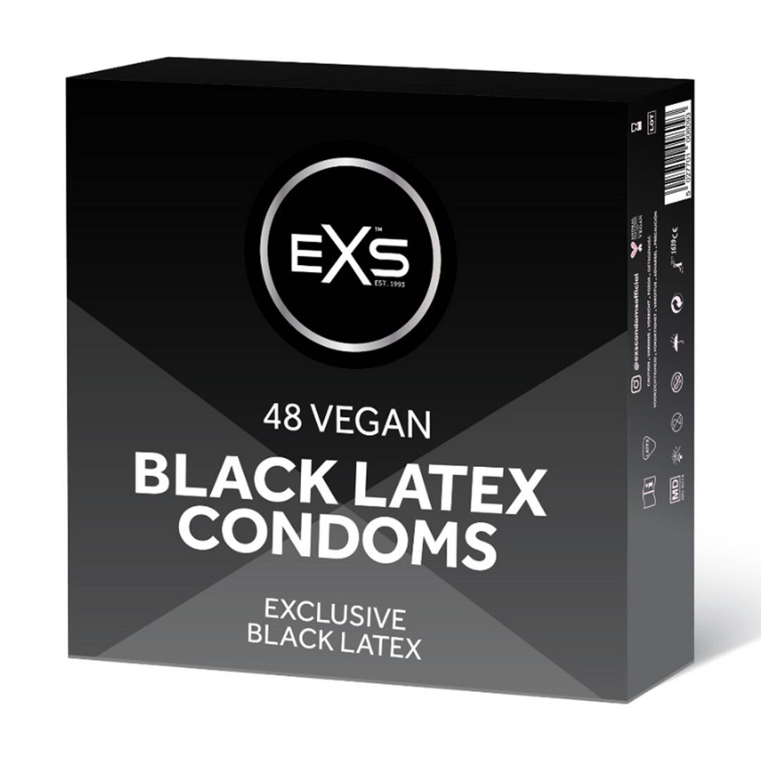 Face avant de l'emballage : 48 préservatifs EXS Black Latex, vegan, latex noir exclusif.