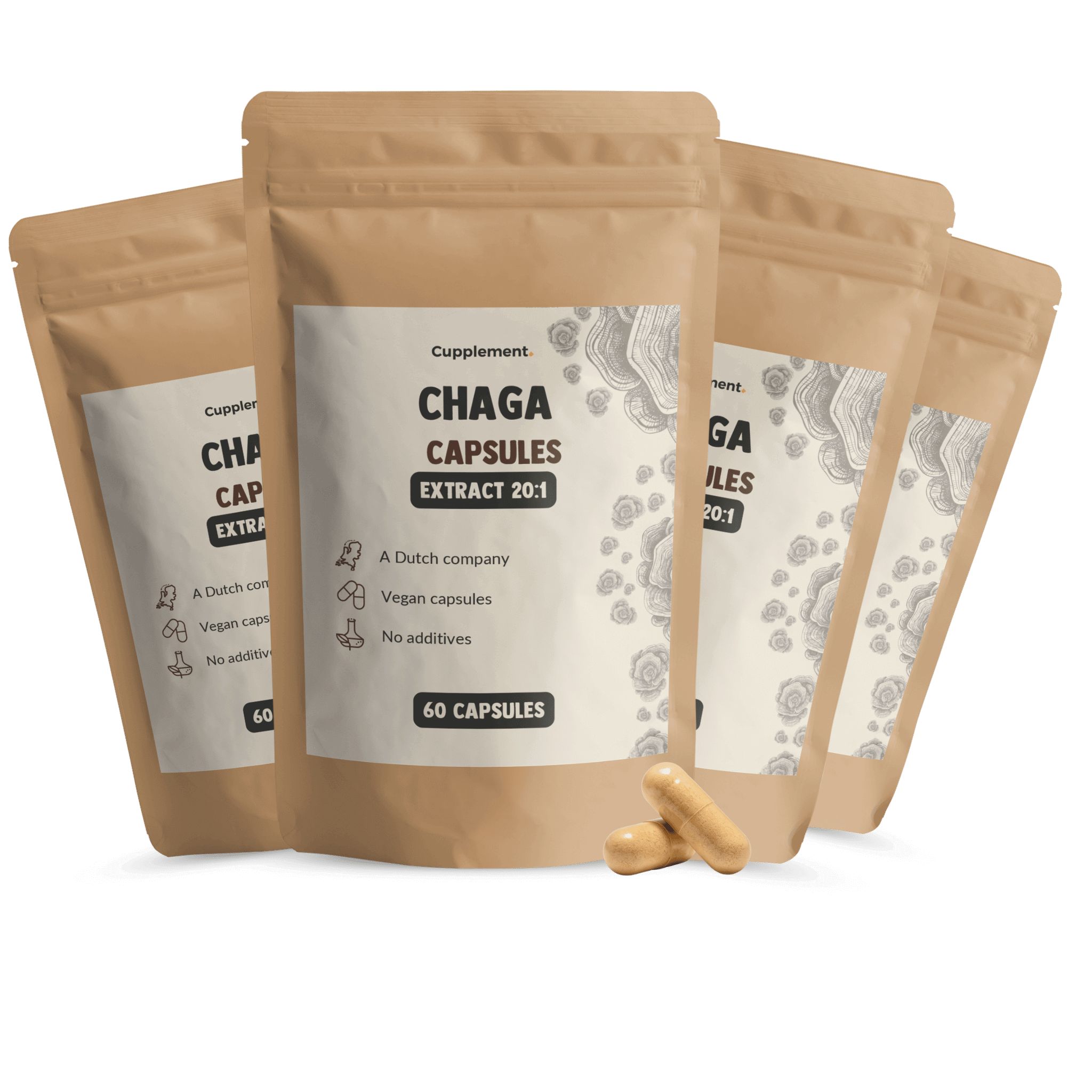 Meerdere zakjes met Chaga capsules. Opschrift: Chaga Capsules Extract 20:1. 60 capsules. Twee capsules ernaast.