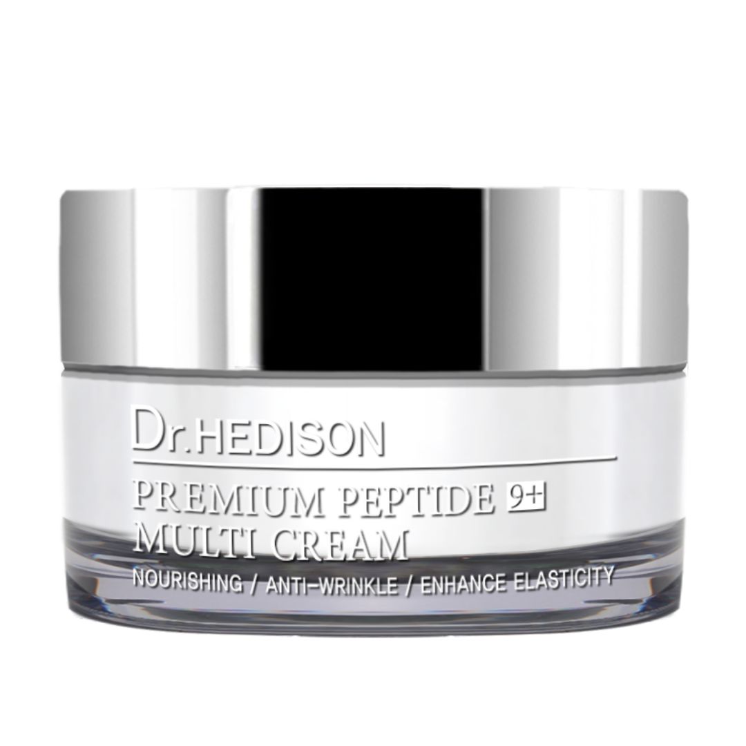 Crèmepot met zilveren deksel. Opschrift: Dr.HEDISON, PREMIUM PEPTIDE 9+ MULTI CREAM. Tekst eronder: NOURISHING / ANTI-WRINKLE / ENHANCE ELASTICITY.