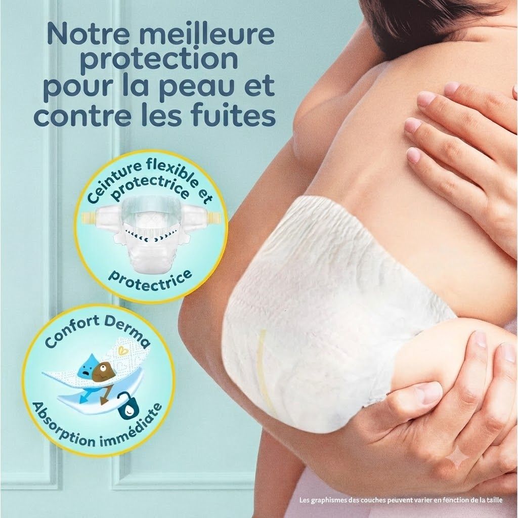 Couche Pampers avec ceinture flexible et protection. Absorption immédiate pour le confort. Derma Comfort.