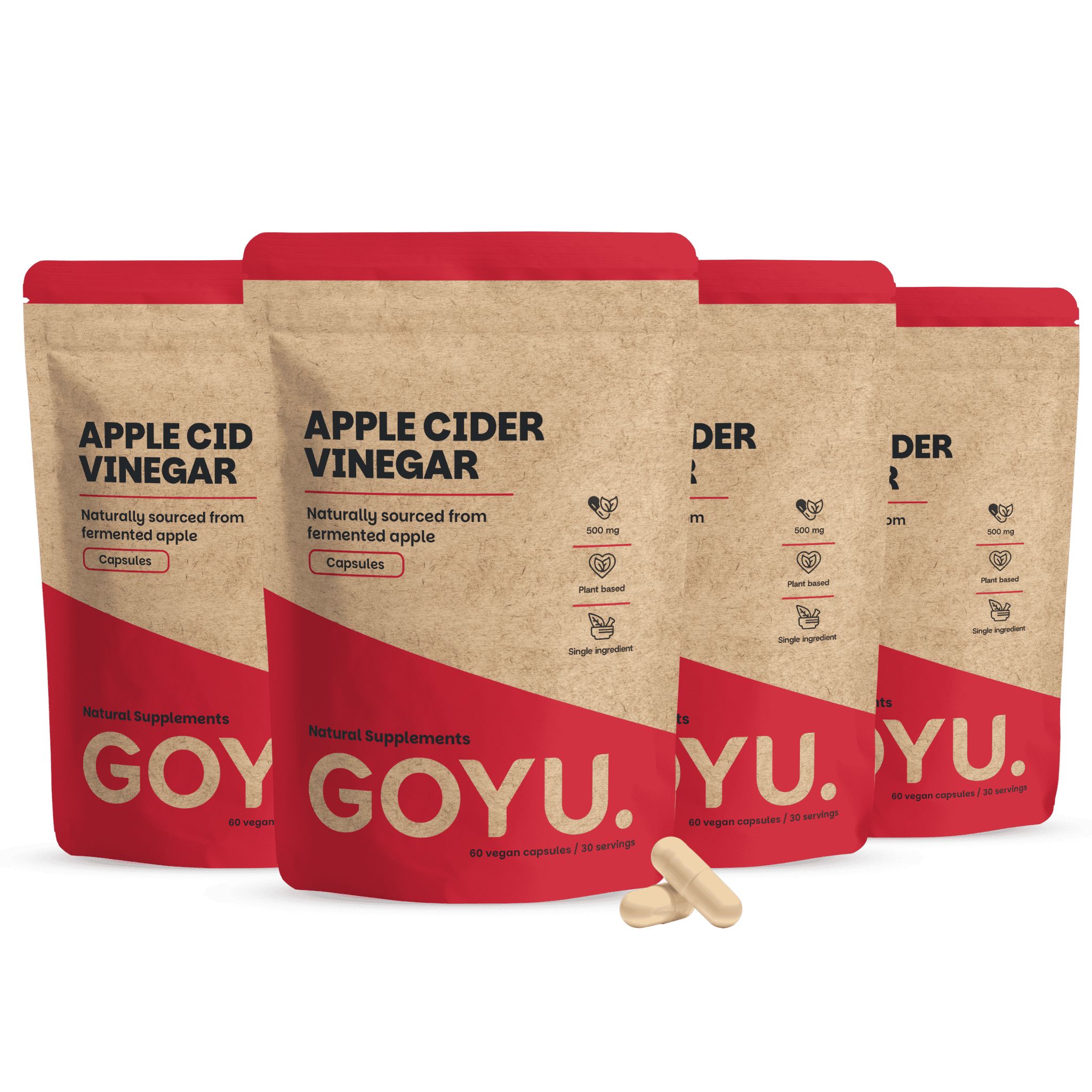Quatre paquets de gélules de vinaigre de cidre, une devant, trois derrière.