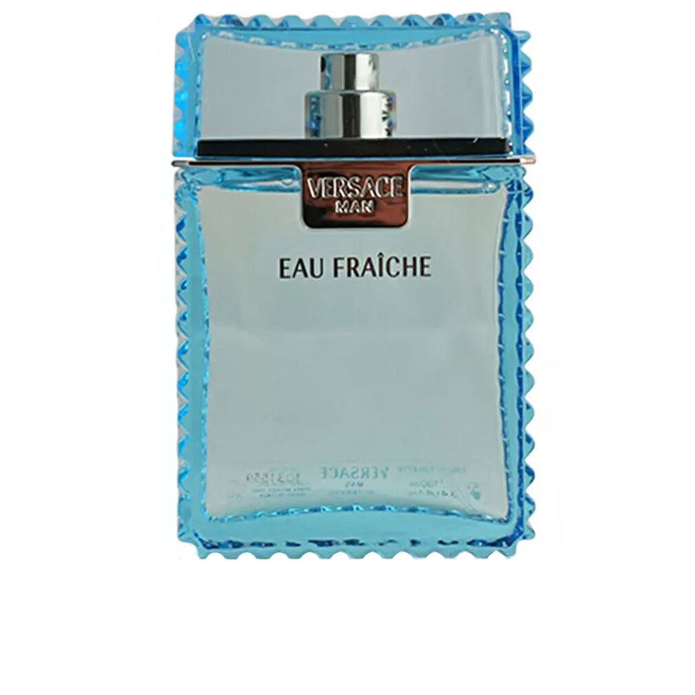 Flacon de parfum bleu avec bouchon argenté. Inscription: Versace Man Eau Fraiche.