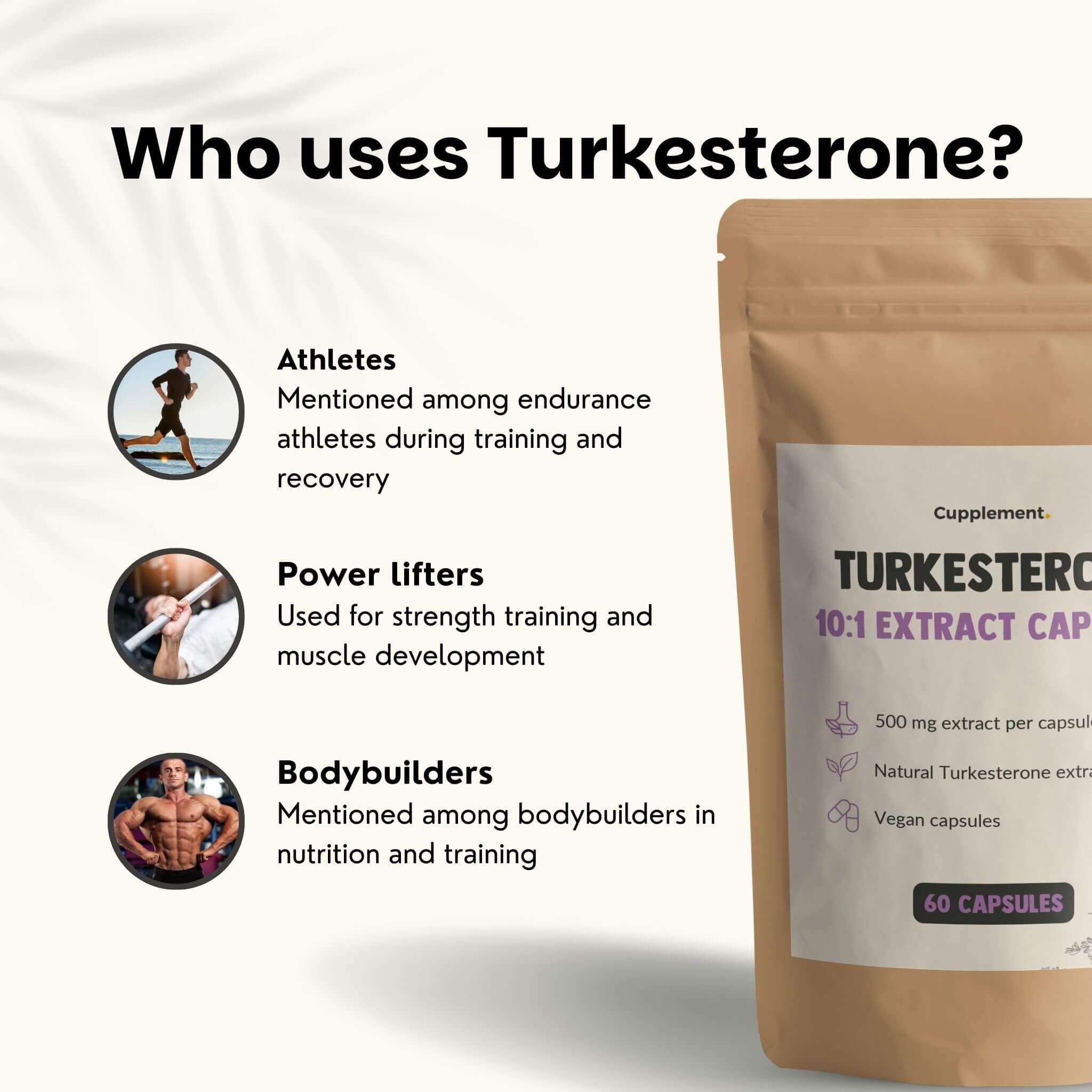 Sachet de gélules. Texte : Turkesterone 10:1 Extract Capsules. 60 gélules. 500 mg d'extrait par gélule. Athlètes, haltérophiles, bodybuilders.