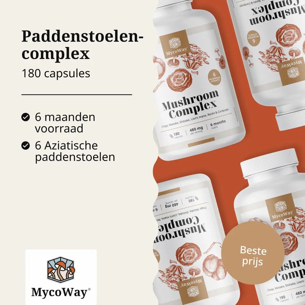 Fles met capsules. Tekst: Paddenstoelencomplex. 180 capsules. 6 maanden voorraad.