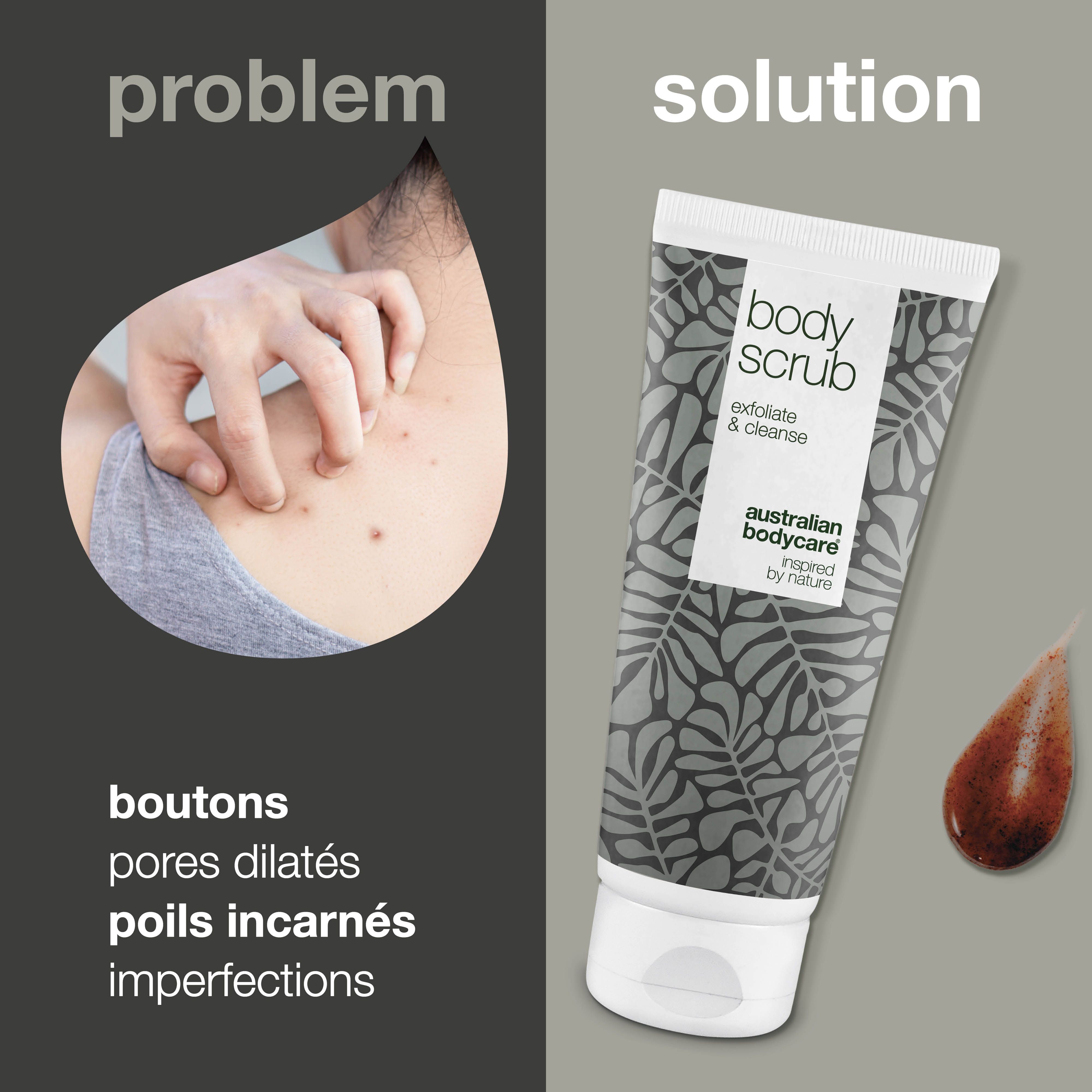 Graphique : problème et solution. Tube de gommage corporel, boutons, pores dilatés, poils incarnés, imperfections. Australian Bodycare.