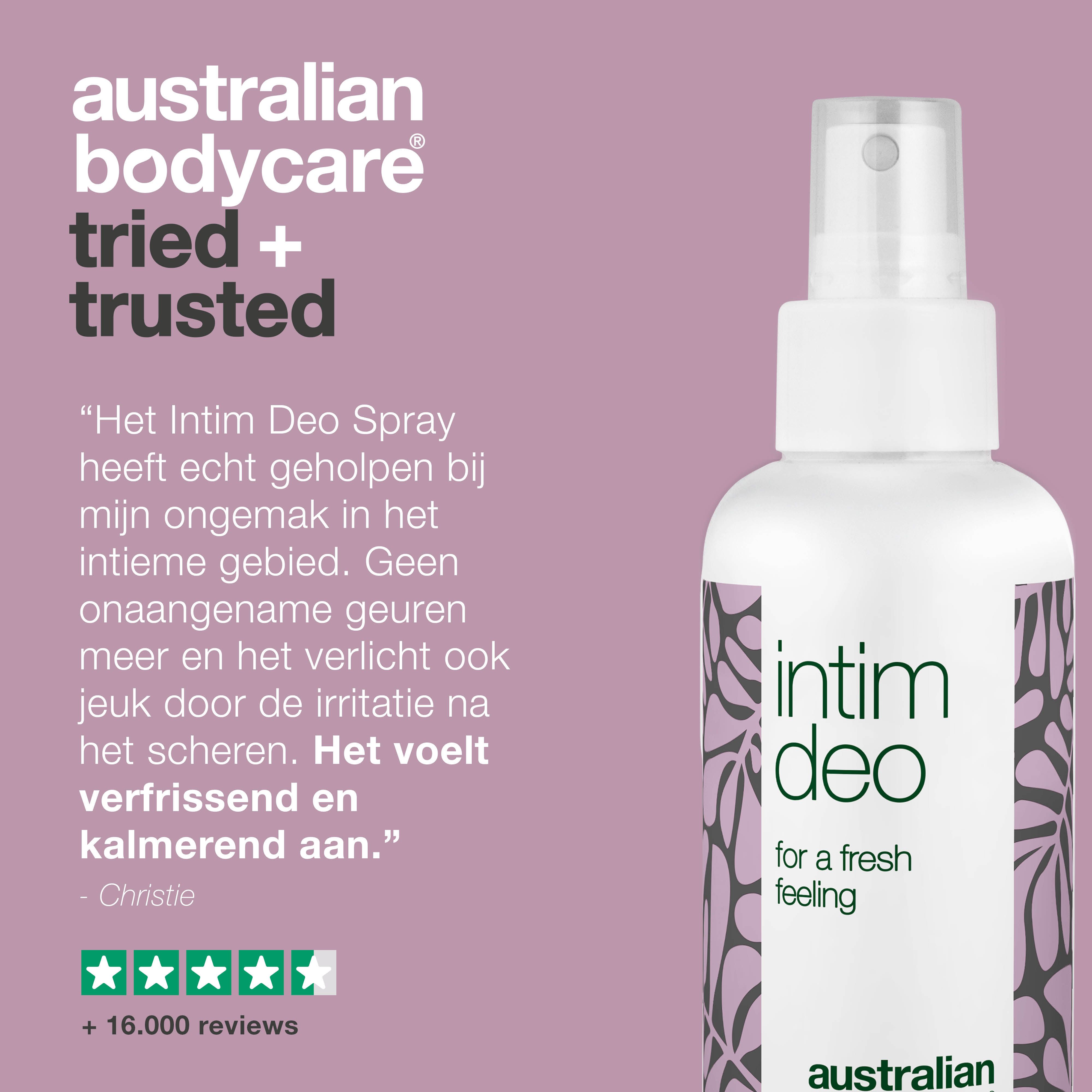 Product- en oplossingsadvertentie. Intieme deo spray. Tekst: De Intim Deo Spray heeft echt geholpen bij mijn ongemak.
