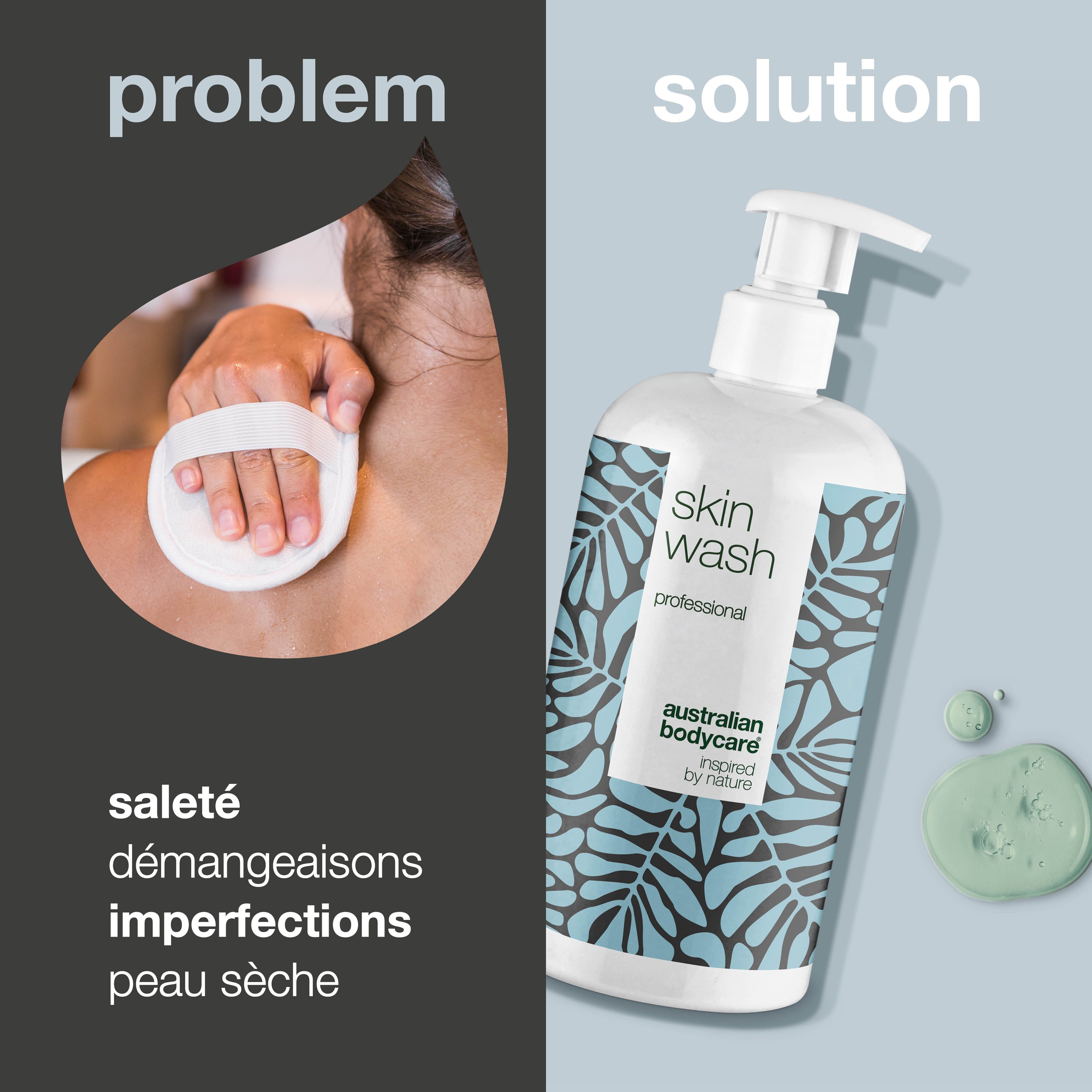 Personne nettoie le dos avec une éponge. À côté, flacon : Skin Wash professional, Australian Bodycare. Texte : Problème/Solution.