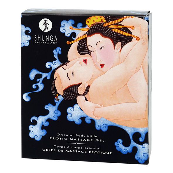 Shunga Oriental Body Massage Gel doos met Aziatische kunstafbeelding.