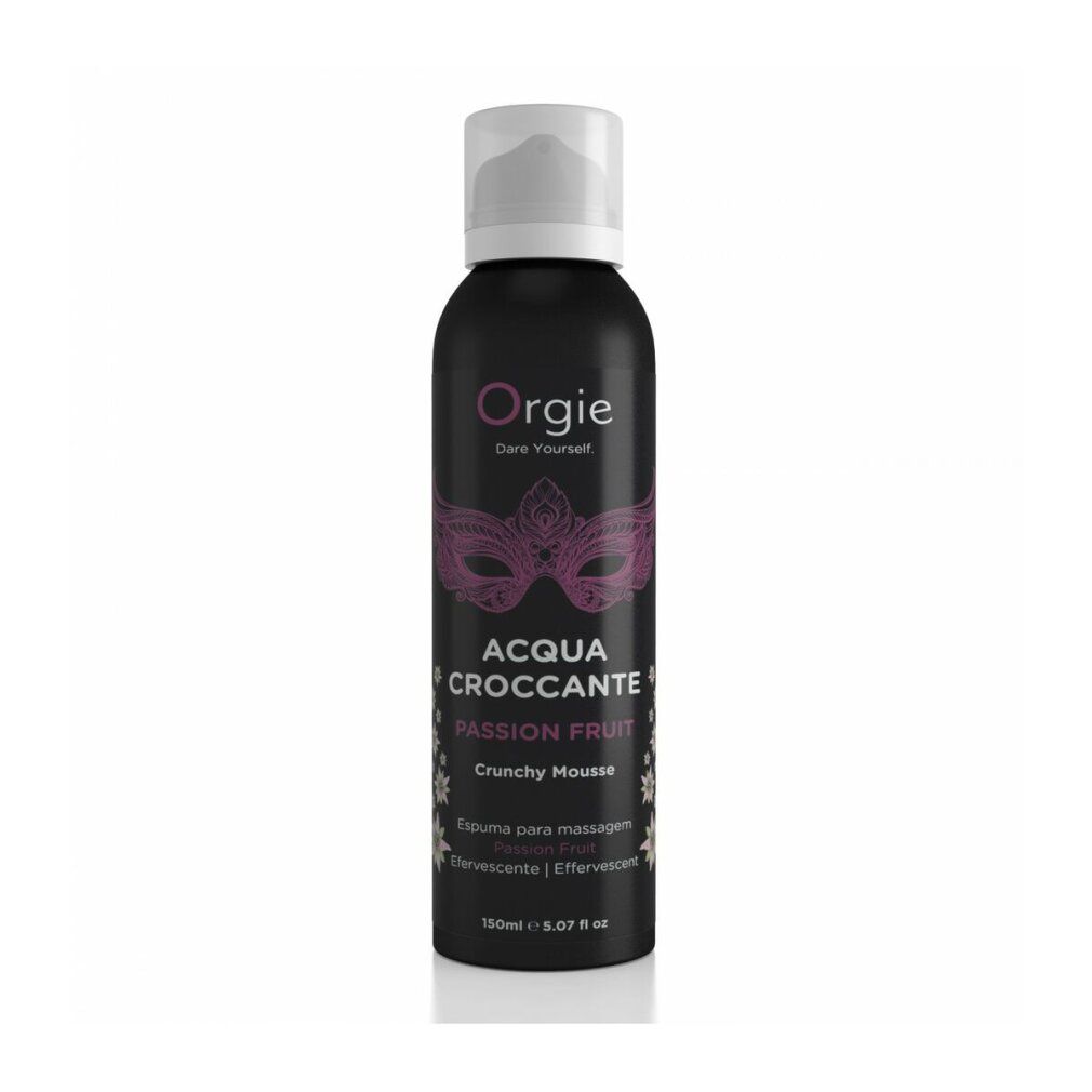 Orgie Acqua Croccante Knisperende Mousse Passievrucht 150 ml, zwarte bus met masker design.