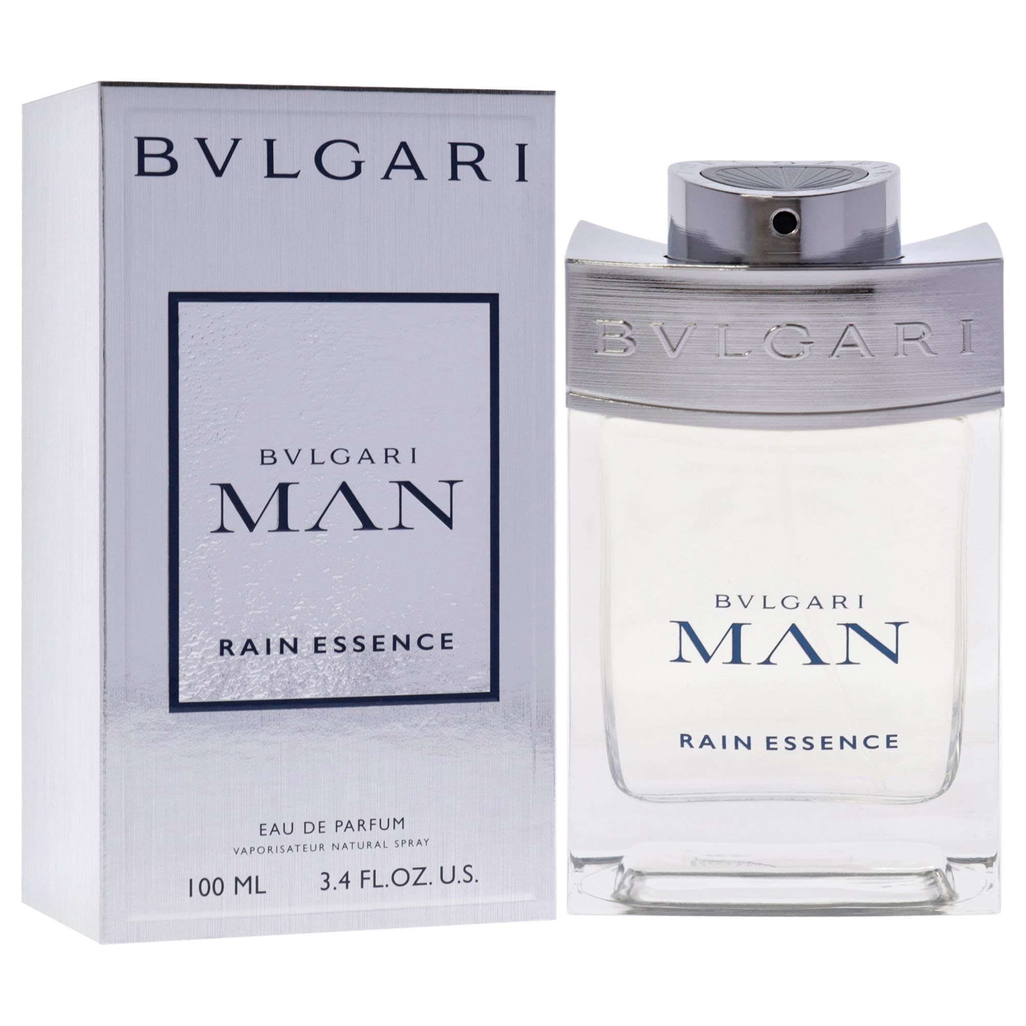 Bvlgari Man Rain Essence Eau de Parfum, 100 ml. Flacon transparent avec bouchon argenté.