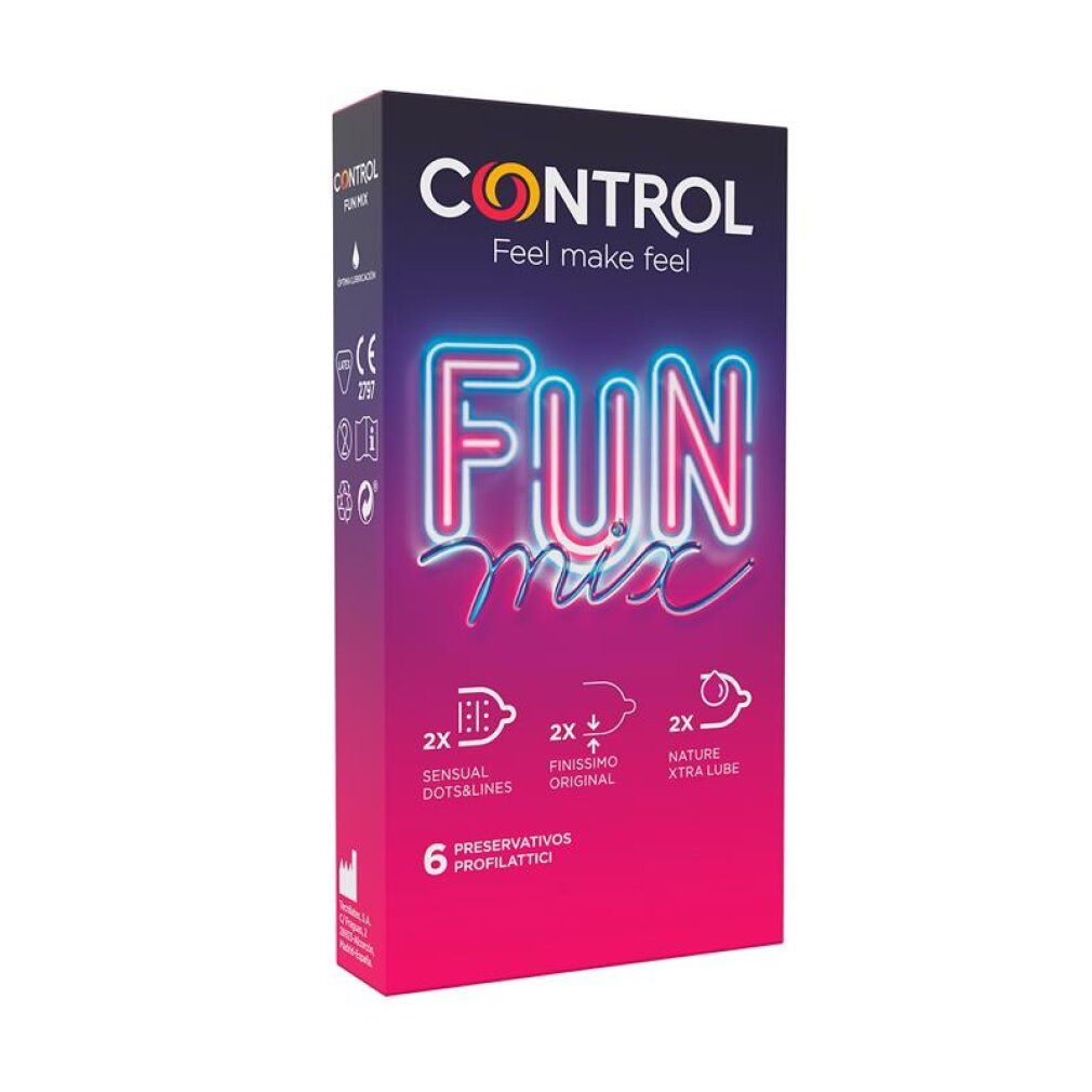 Verpakking Control Fun Mix condooms, 6 stuks. Bevat 2x Sensual Dots&Lines, 2x Finissimo Original, 2x Nature Xtra Lube.
