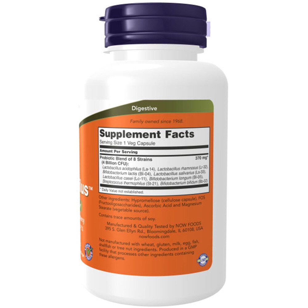 Witte fles met blauwe dop. Oranje etiket met tekst: Supplement Facts, 8 stammen, 4 miljard potentie. NOW Foods, Gr8-Dophilus.