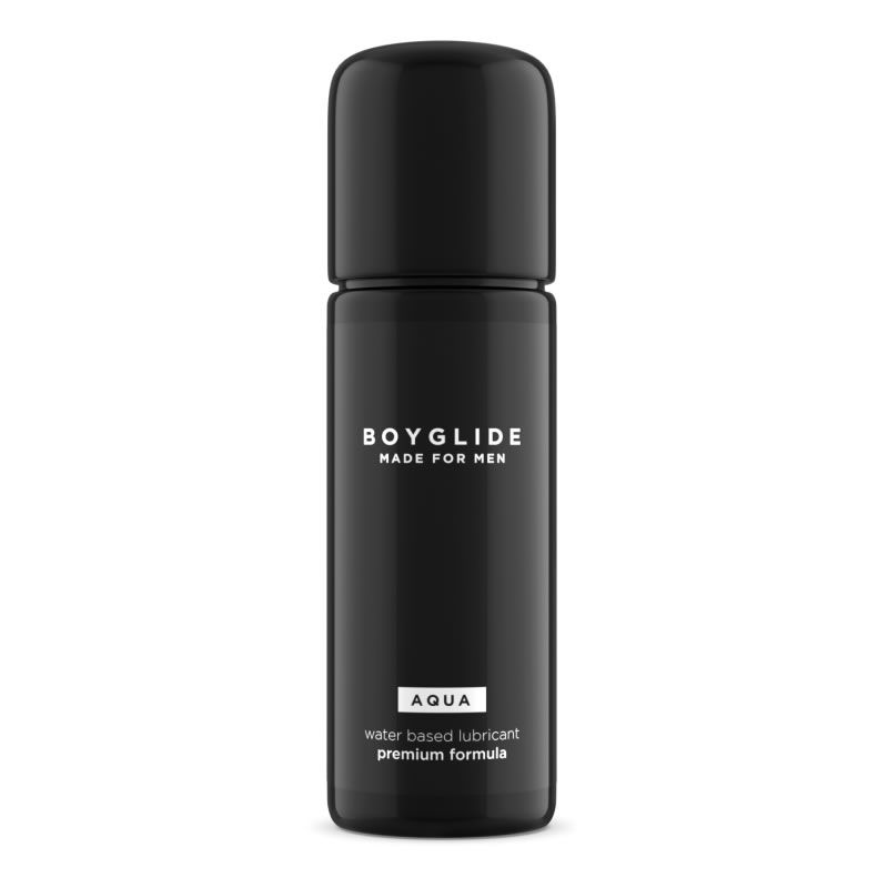 Flacon noir avec inscription BOYGLIDE MADE FOR MEN et AQUA. Lubrifiant à base d'eau, formule premium.