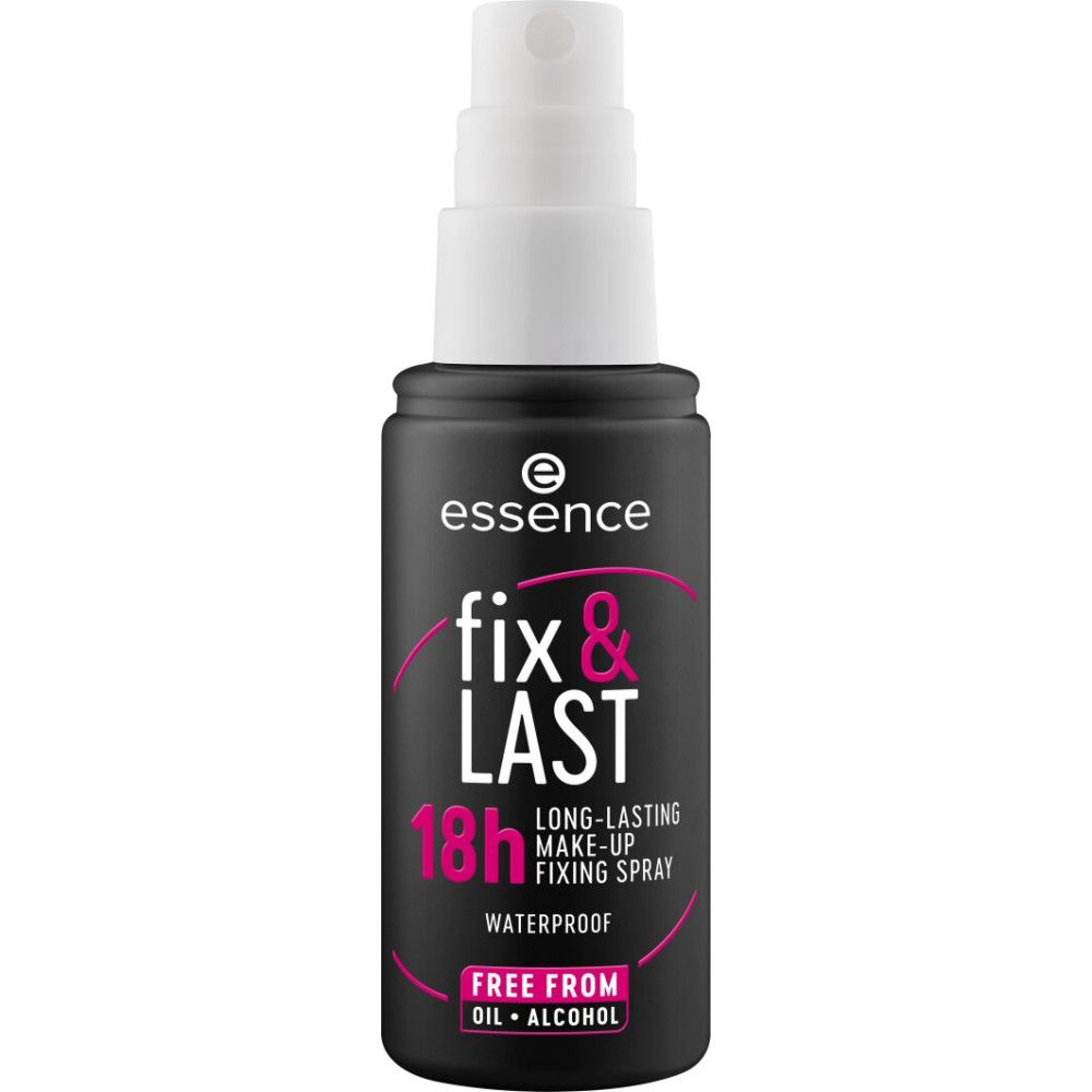 Flacon noir avec vaporisateur blanc. Inscription : Essence, fix & LAST, 18h, waterproof, sans huile + alcool.