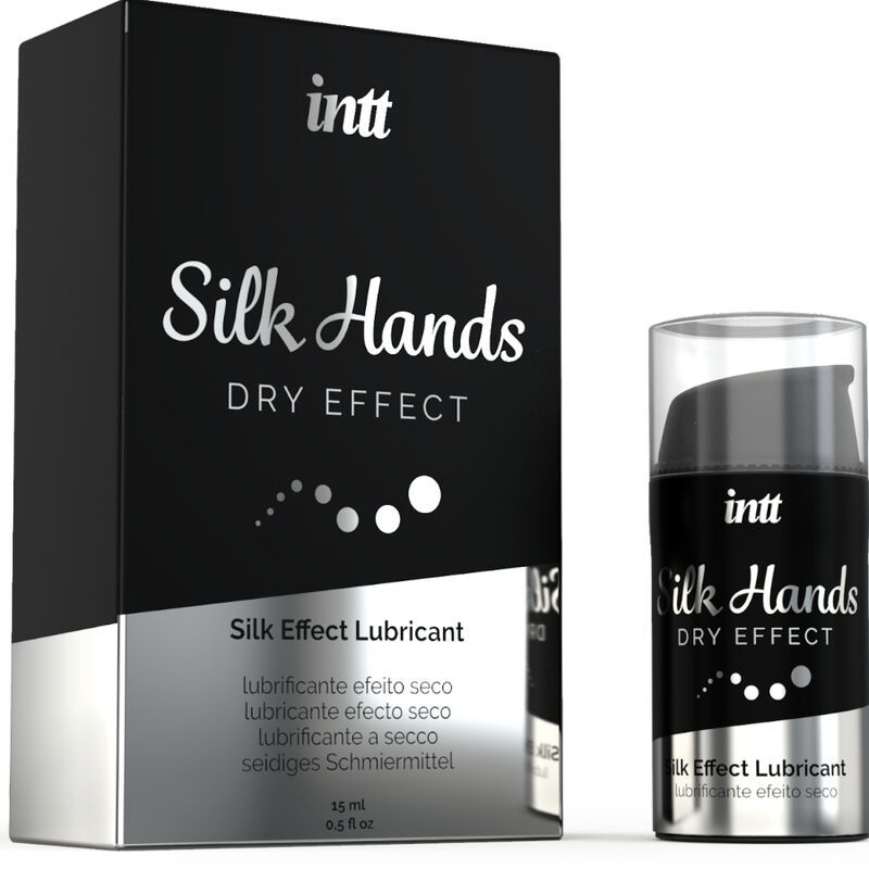 Lubrifiant Intt Silk Hands Dry Effect et son emballage. Bouteille avec distributeur.