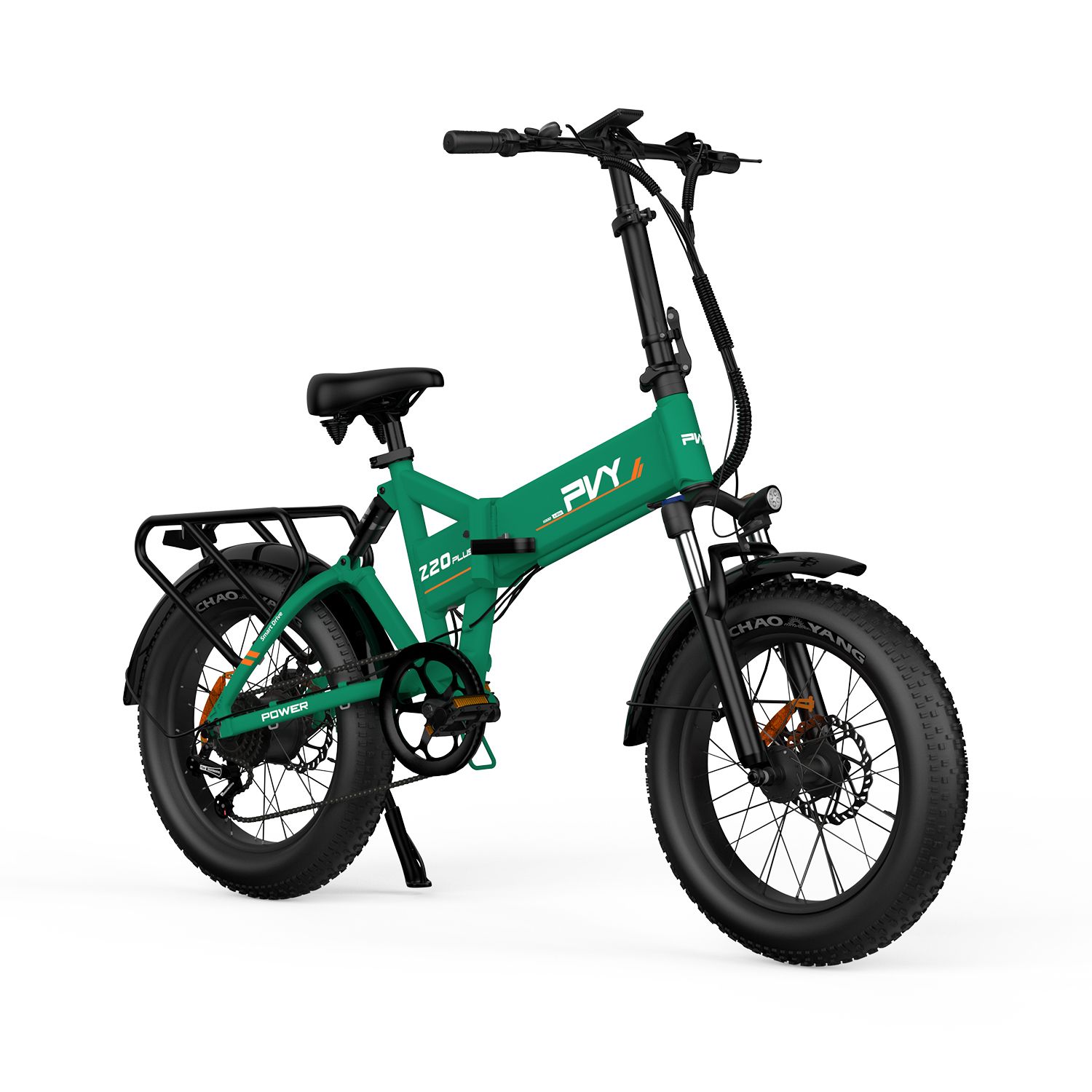 Groene PVY Z20 Plus e-bike met drievoudige vering. Zwarte banden, bagagerek en zadel. Zichtbare opschriften.