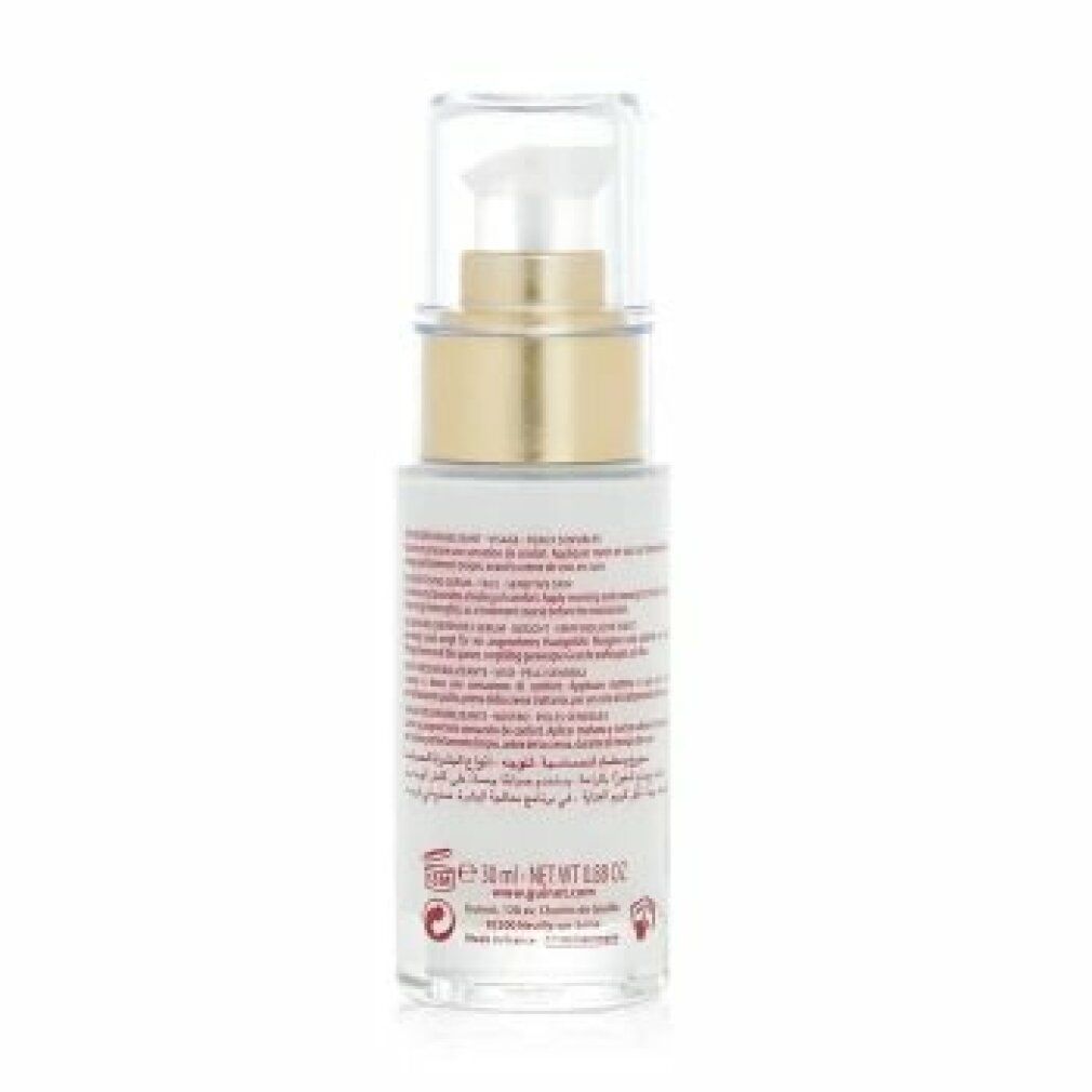 Guinot Hydra Sensitive Serum. Achterkant fles met tekst. 30 ml. Met rood etiket en gouden dop.