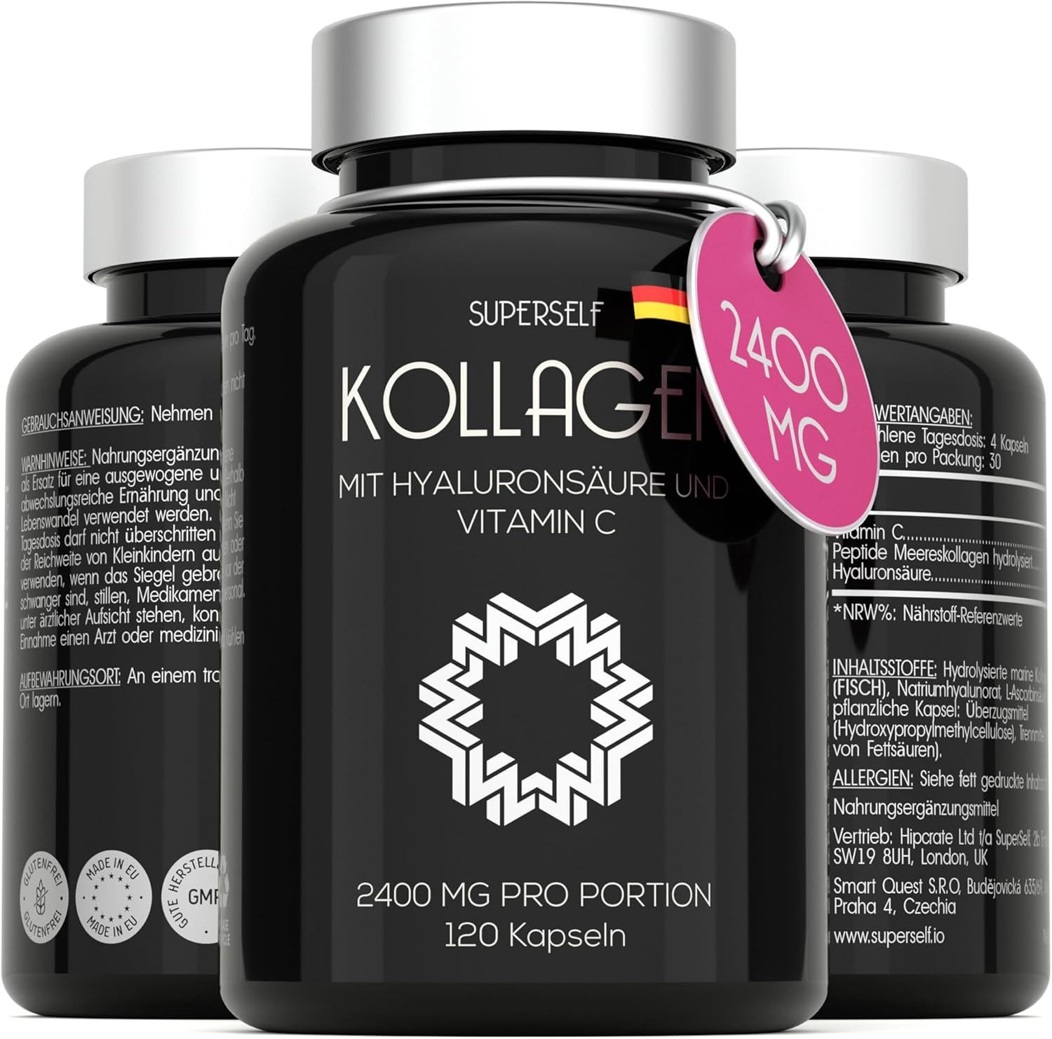 Trois flacons noirs de gélules. Inscription: SUPERSELF COLLAGÈNE. Étiquette: 2400 MG. Texte: 120 gélules, avec acide hyaluronique et vitamine C.