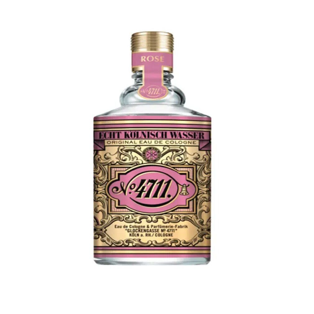 Flacon en verre avec étiquette rose, détails dorés et inscription '4711 Rose'. Bouchon doré.