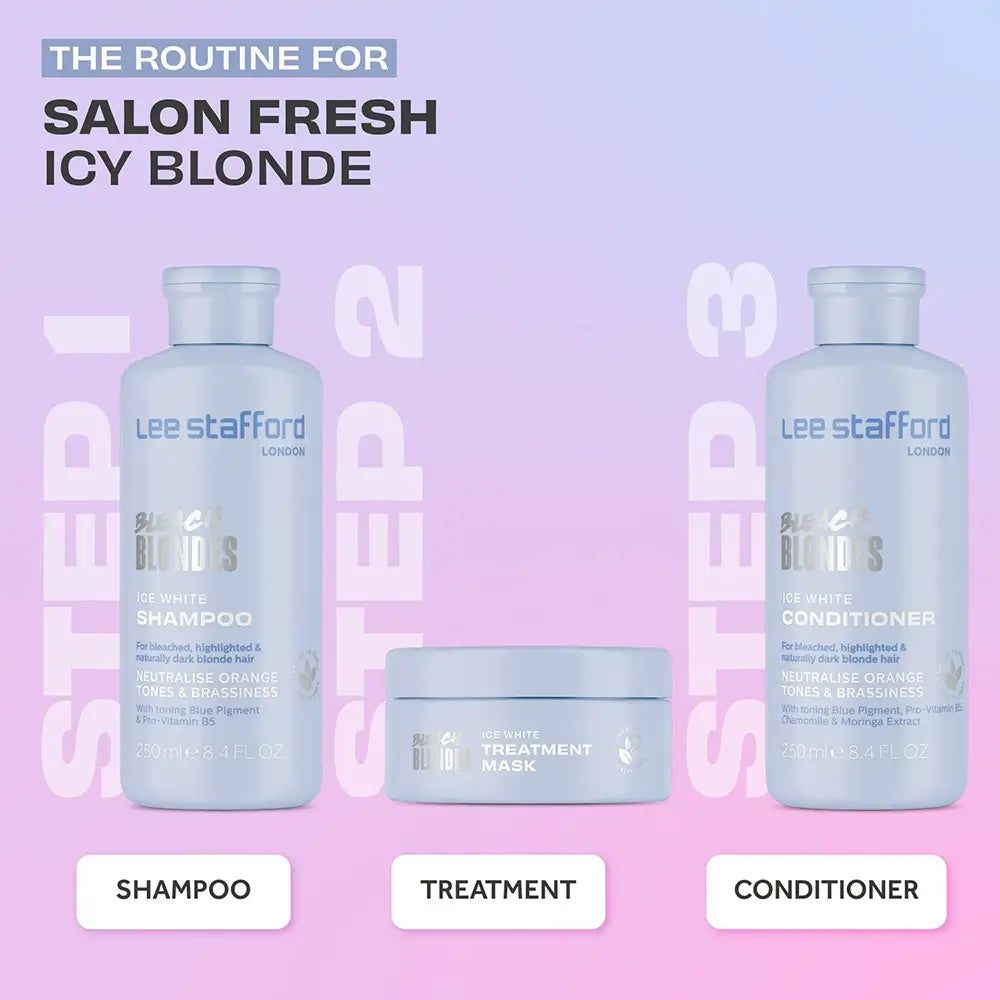 Trois produits Lee Stafford : shampoing, masque et après-shampoing pour "Salon Fresh Icy Blonde".
