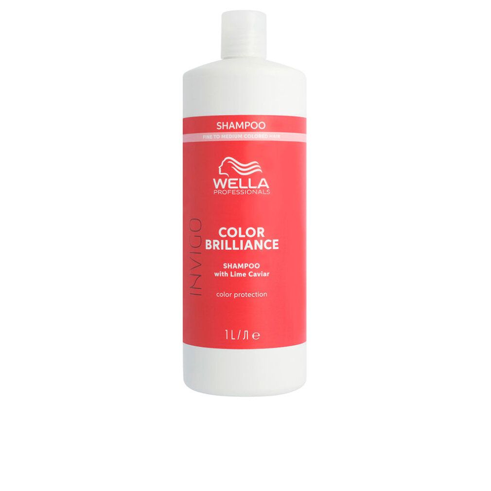 Witte shampoo fles met rood etiket. Opschrift: Wella Color Brilliance, Shampoo met limoenkaviaar. 1L.