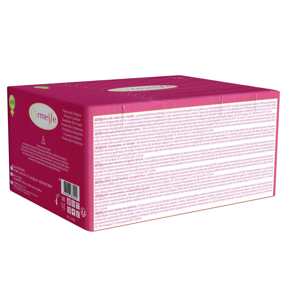 Boîte rose Ormelle. Inscription : préservatif féminin. Texte multilingue. Avec marquage CE.