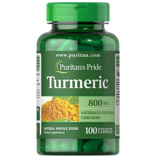 Fles met 100 Puritan's Pride Kurkuma 800 mg capsules, "Naturally Contains Curcumin".