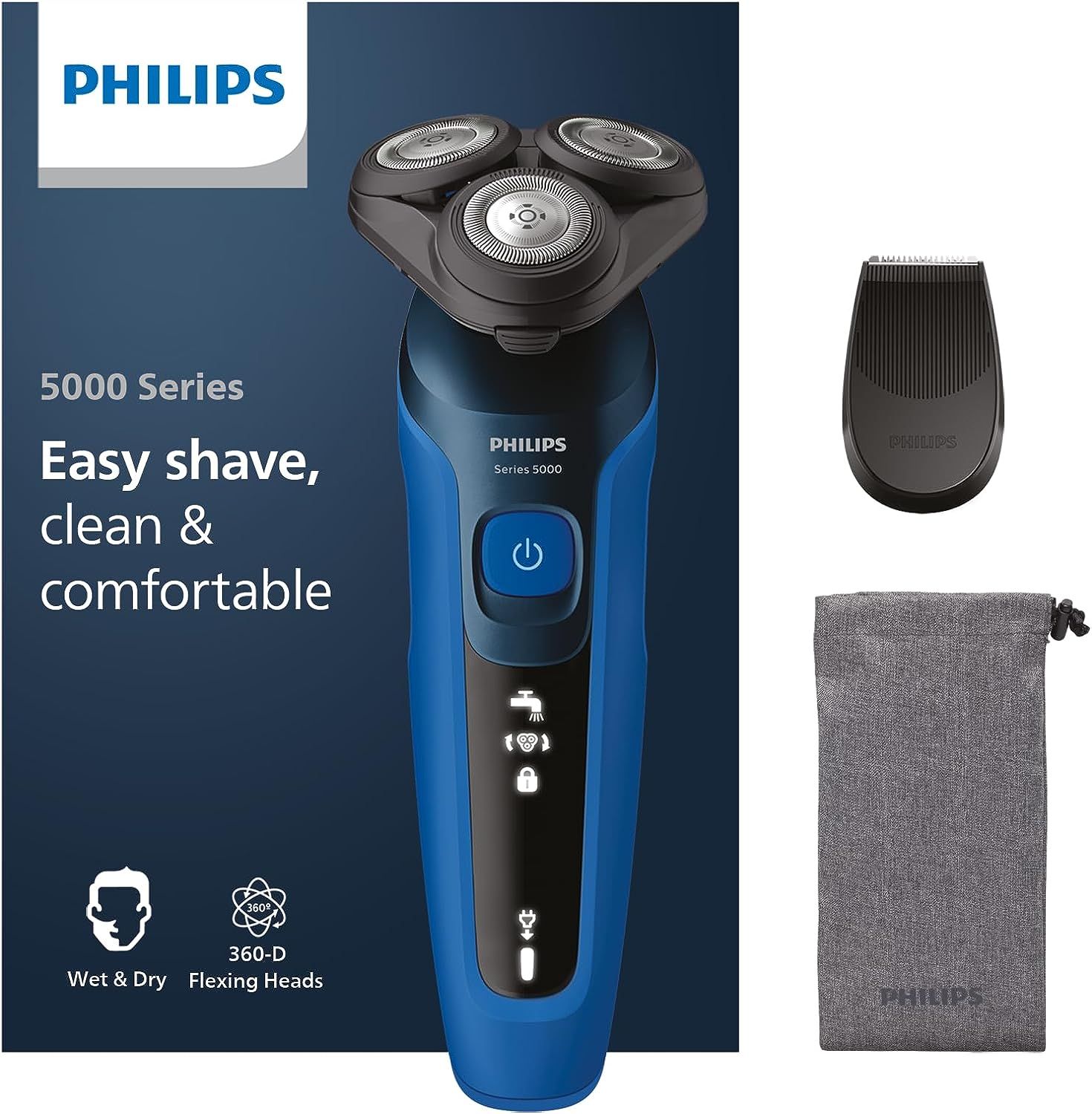 Blauw elektrisch scheerapparaat met accessoires: beschermkap en zakje. Philips-logo en productnaam.