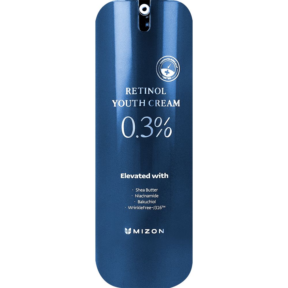 Flacon bleu avec texte blanc. Contient Retinol Youth Cream 0,3%. Avec beurre de karité, niacinamide, bakuchiol et WrinkleFree-j316™.