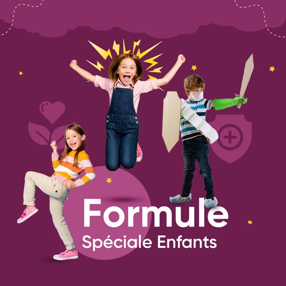 Enfants jouant. Inscription : Formule spéciale enfants. Gommes. Fer & Vitamine C.