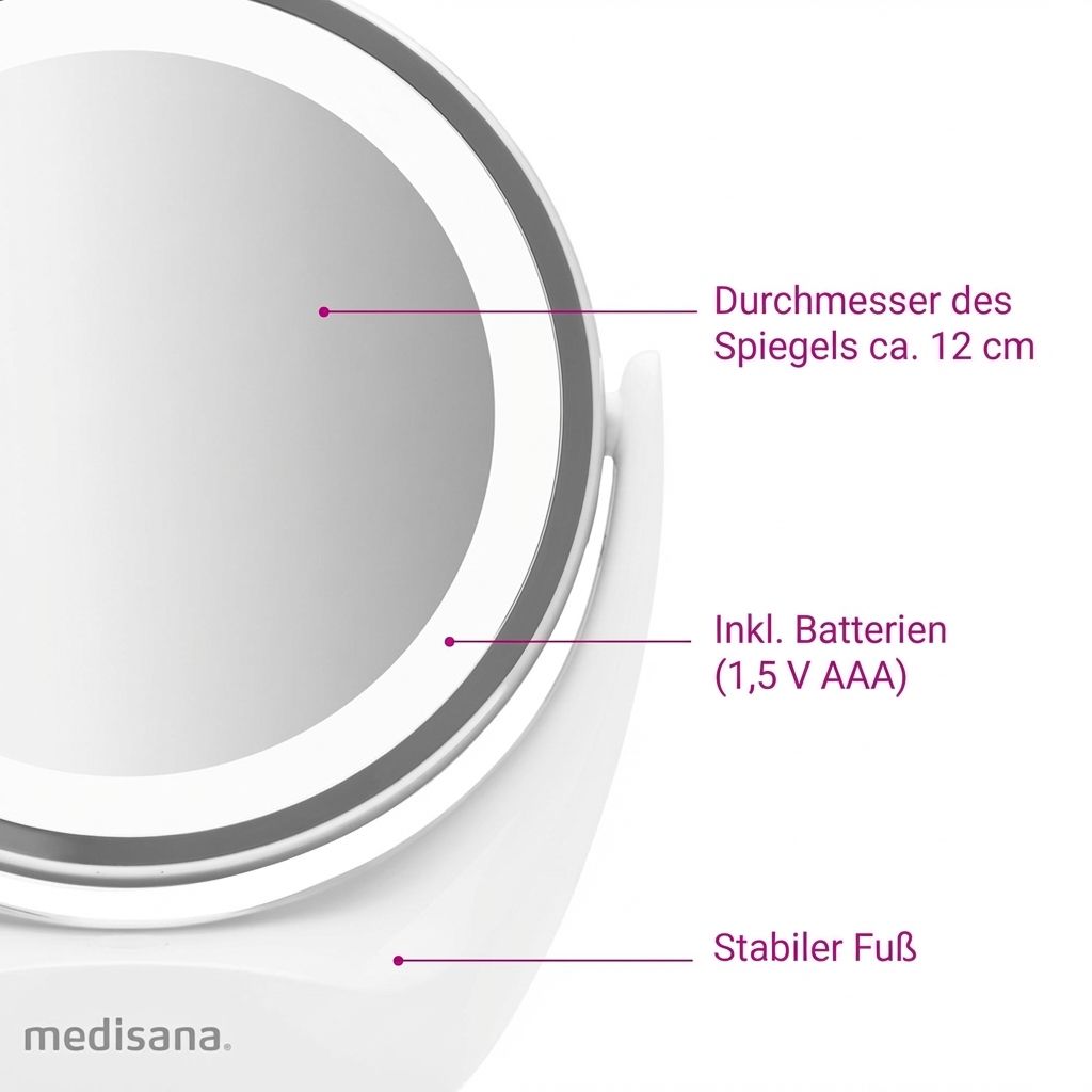 Vue détaillée d'un miroir cosmétique avec un diamètre de miroir d'environ 12 cm.