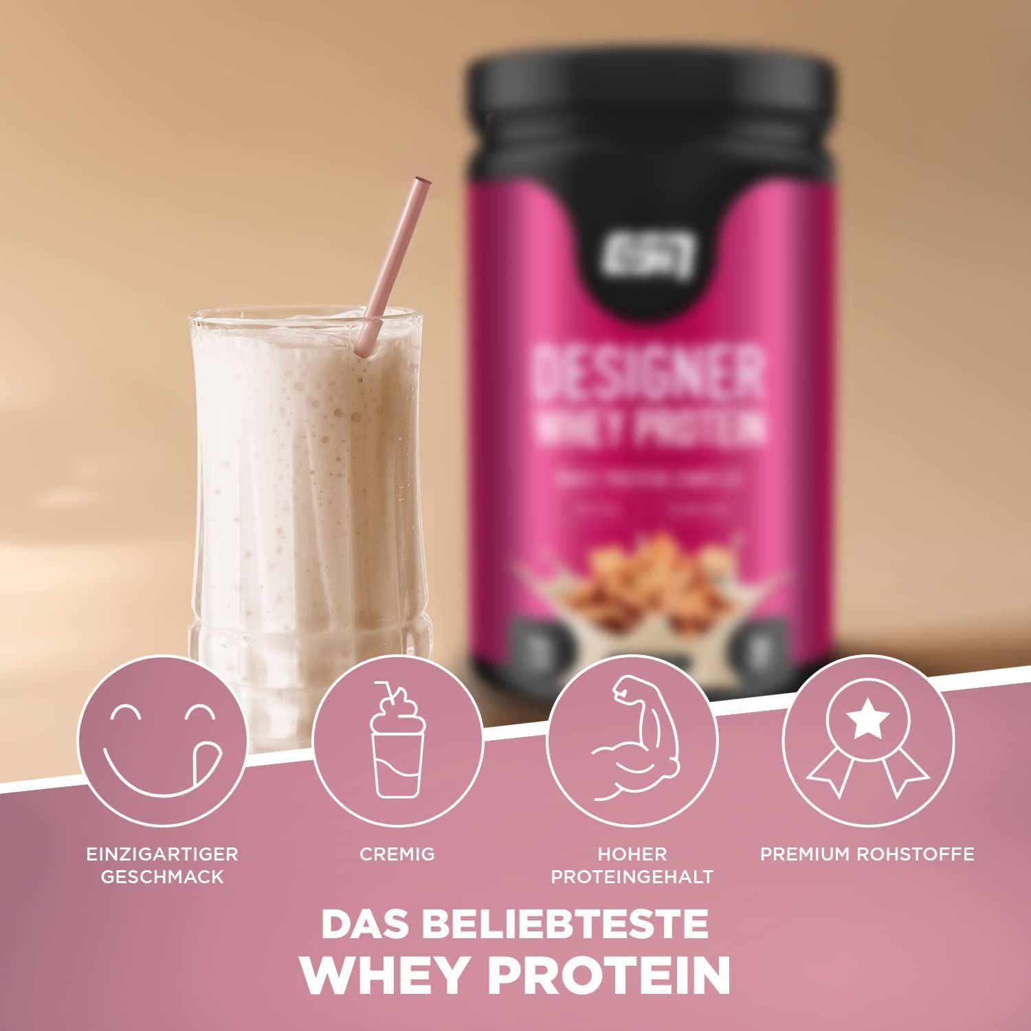 Verre de shake et paille, pot de Designer Whey Protein. Icônes : goût, crémeux, haute teneur en protéines, matières premières de qualité.