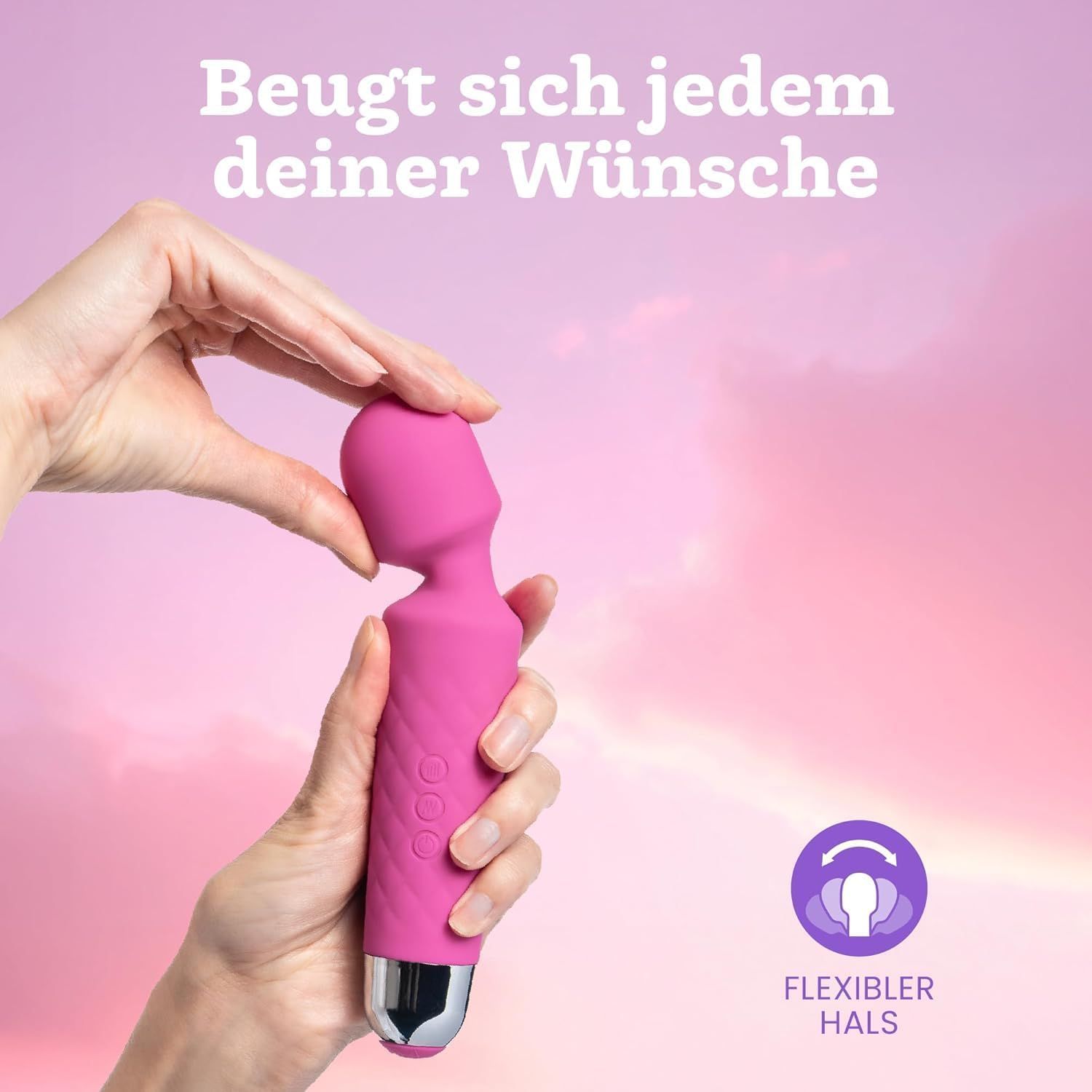 Main tenant un vibrateur rose à col flexible. La tête est mobile.