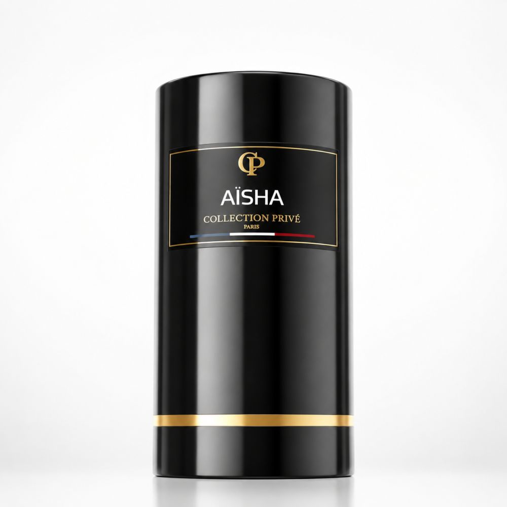 Collection Privée Paris Aïsha Eau de Parfum in een zwarte cilindrische doos met gouden band.
