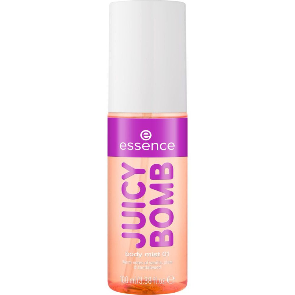Body mist fles met paars en roze etiket. Opschrift: Juicy Bomb, Essence. Spuitkop.
