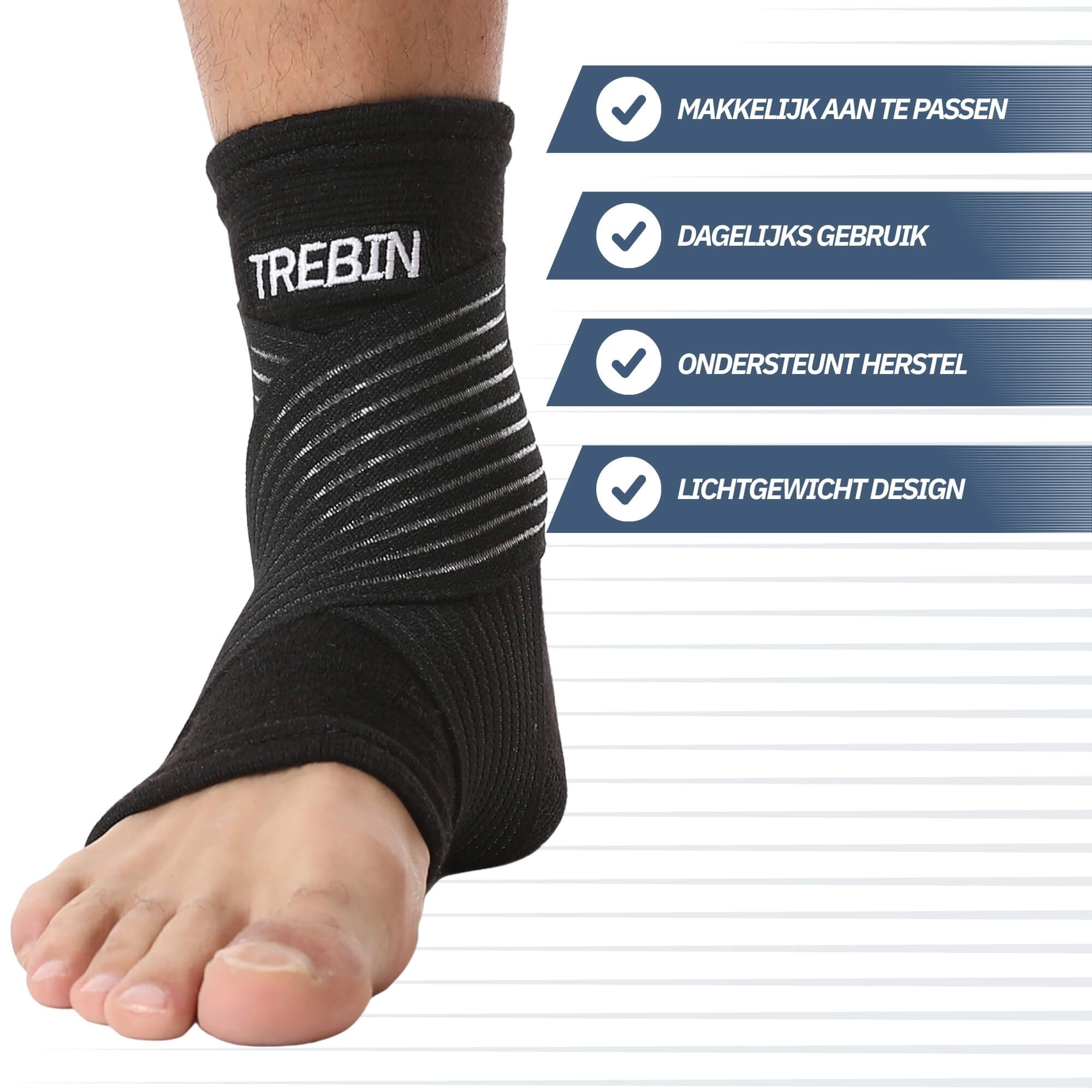 Zwarte enkelbrace met witte strepen. "Makkelijk aan te passen", "Dagelijks gebruik", "Ondersteunt herstel", "Lichtgewicht design".