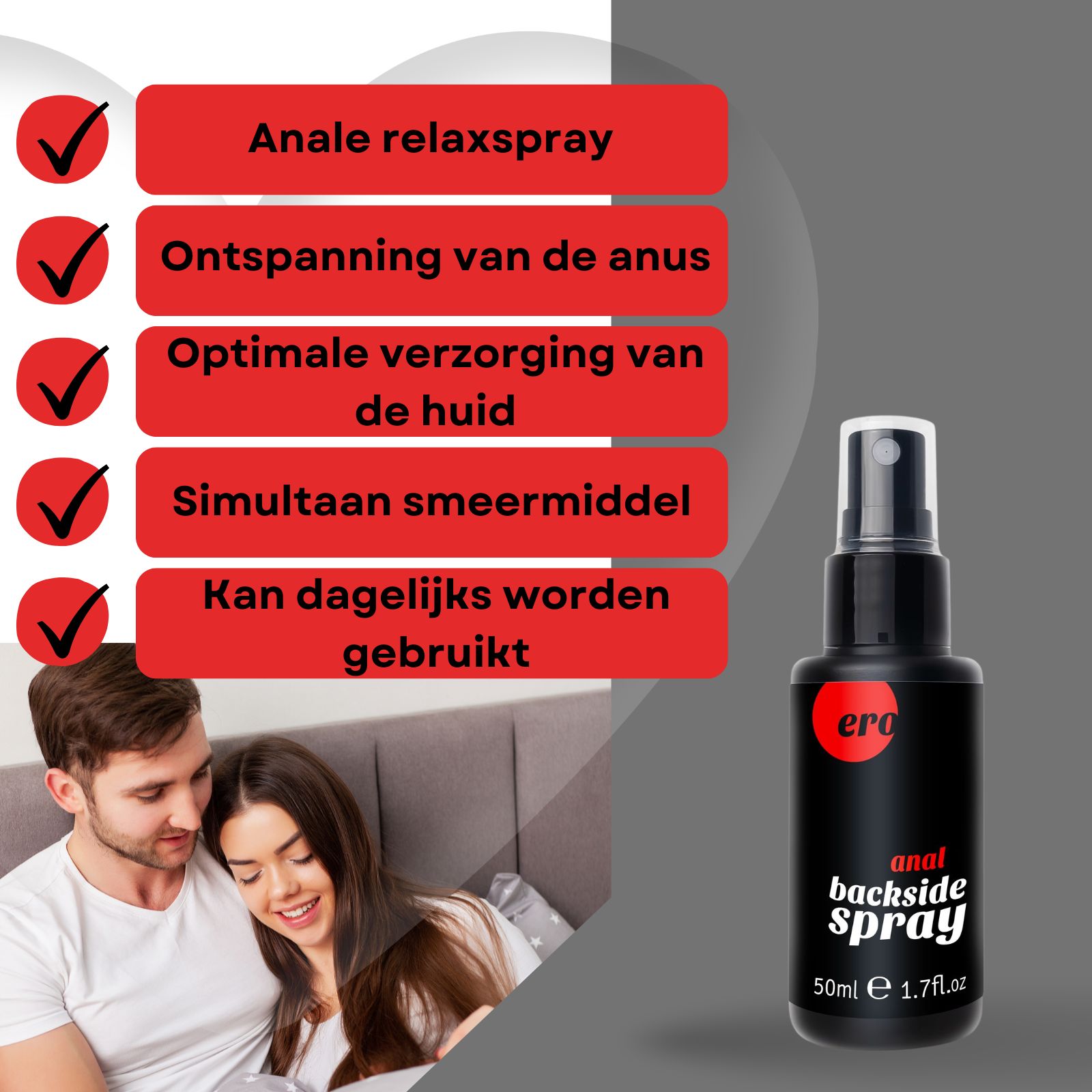 Zwarte fles met verstuiver. Opschrift: "ero anal backside spray". Koppel in bed. Tekst op rood veld.