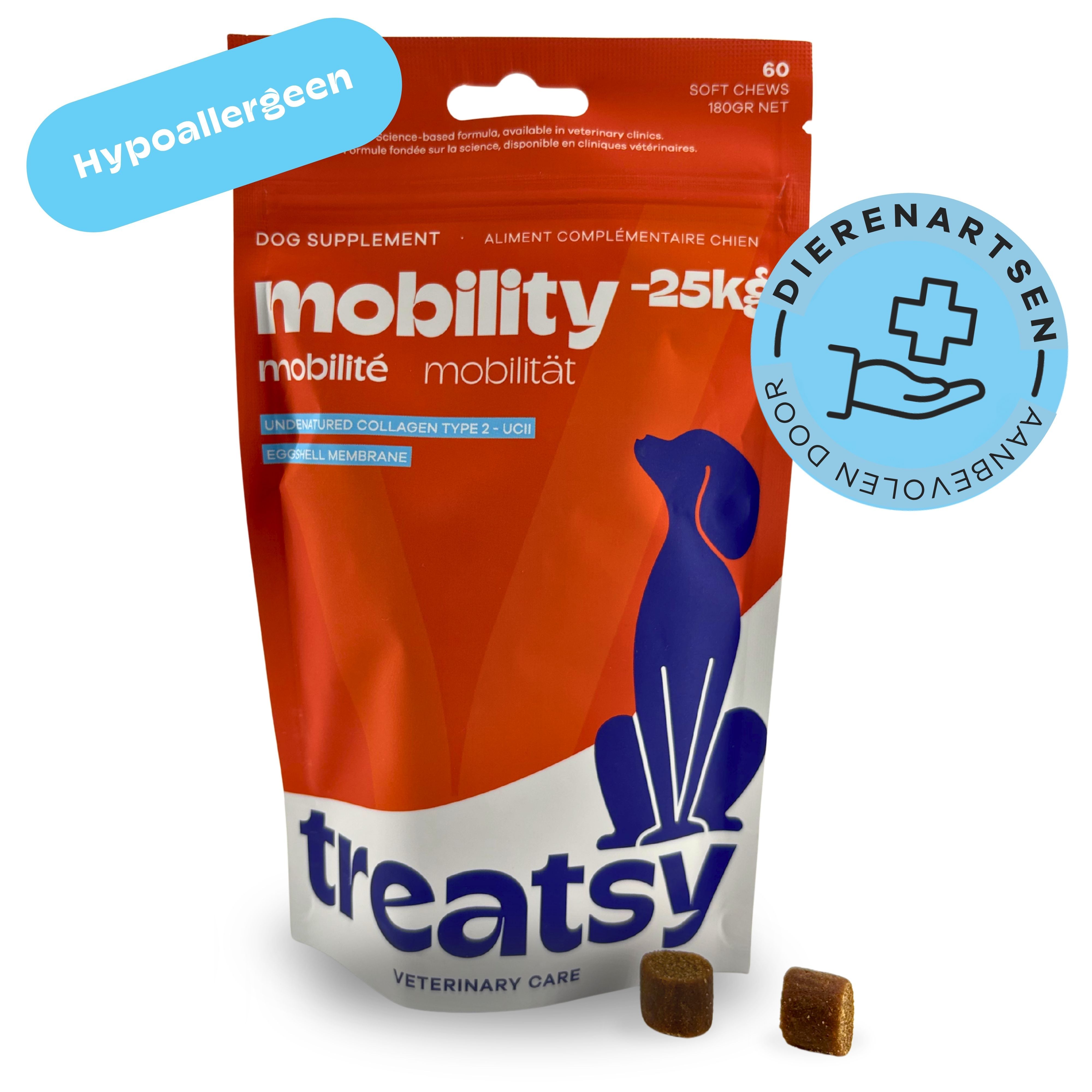 Rode zak met "mobility" en "Treatsy". Twee tabletten. Stickers: hypoallergeen, aanbevolen.