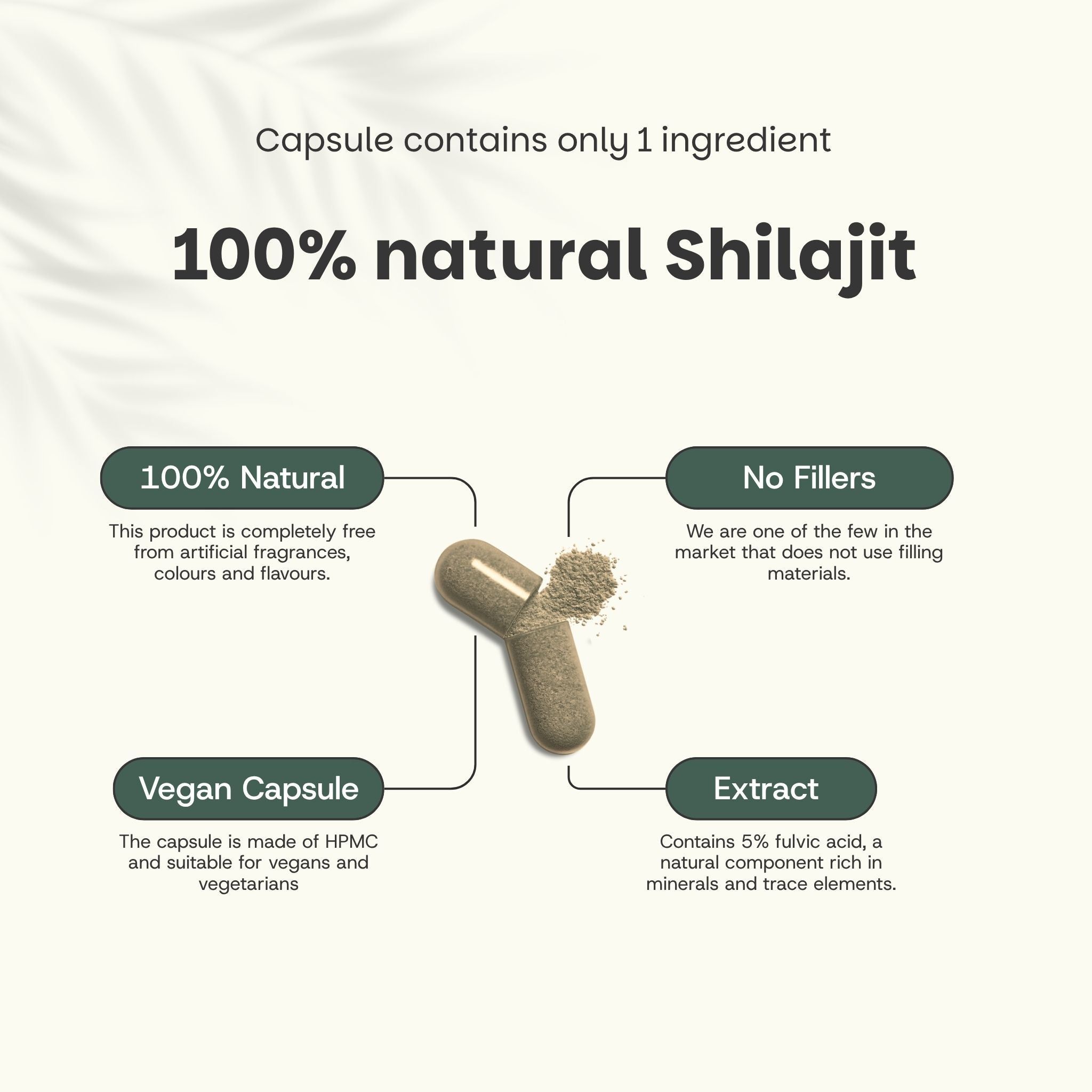 Texte : Shilajit 100% naturel. 100% naturel, sans agents de remplissage, gélule végétalienne, extrait. Gélule avec poudre.