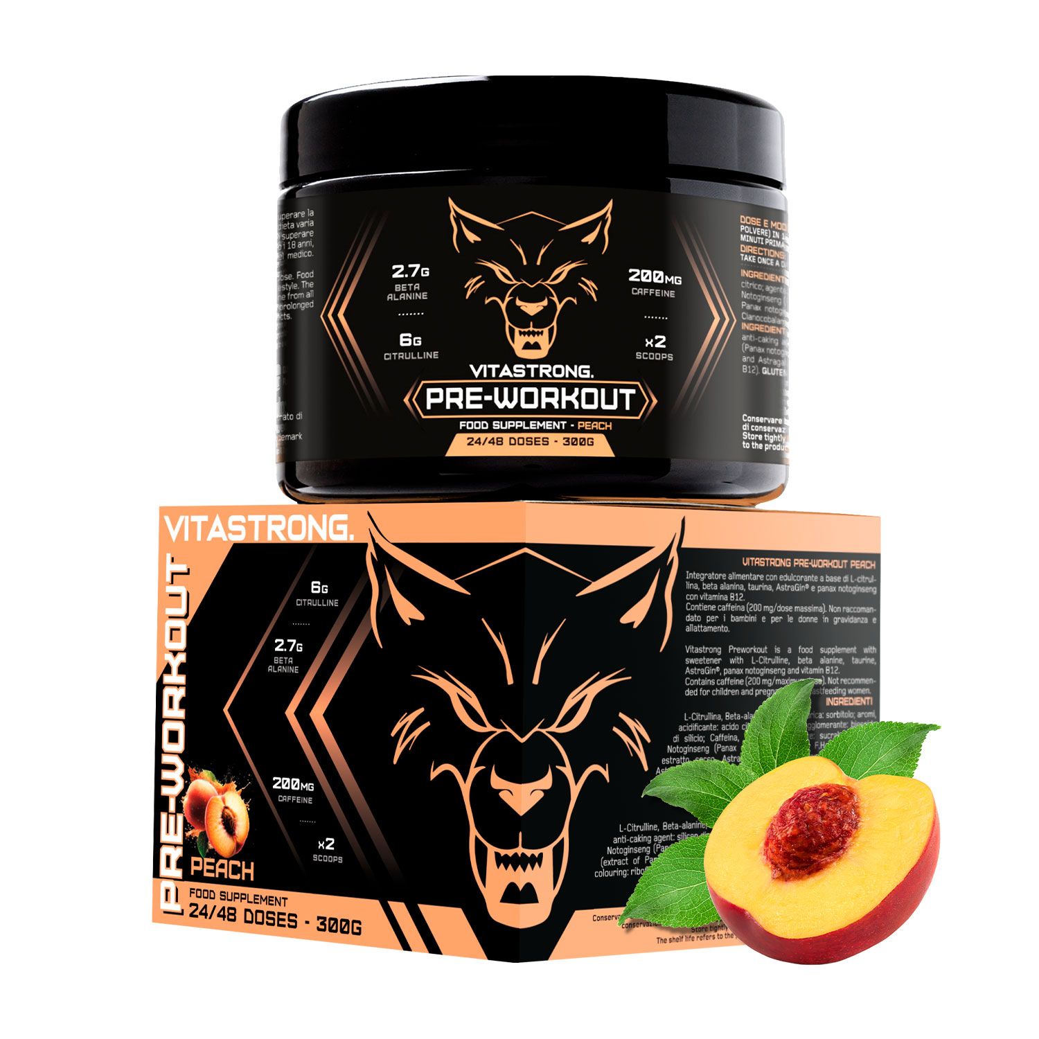 Pot Vitastrong Pre-Workout, Pêche, 300g. Pot et boîte avec logo loup. Moitié de pêche.