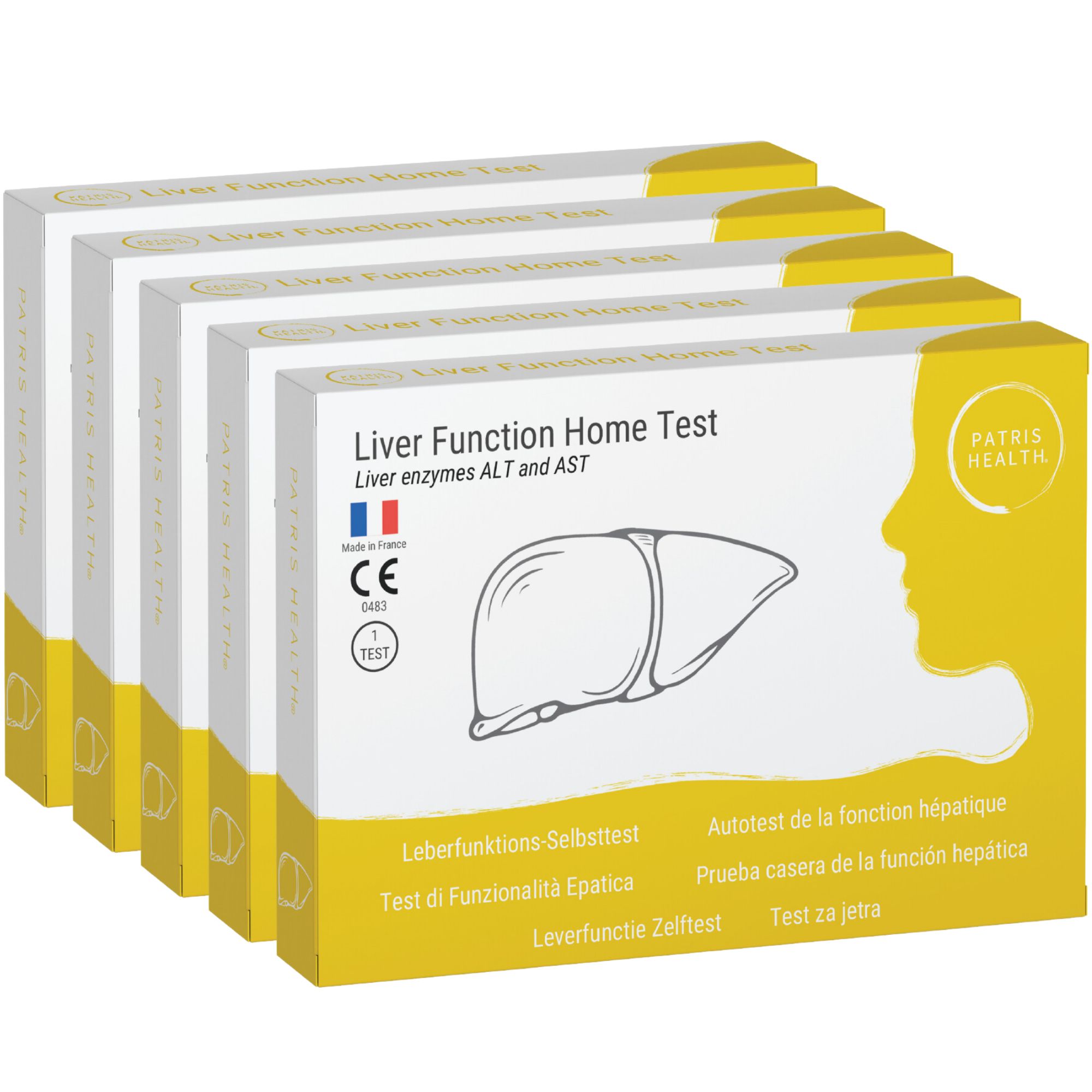 Vijf dozen leverfunctietestkits. Witte dozen met productinformatie en logo's.