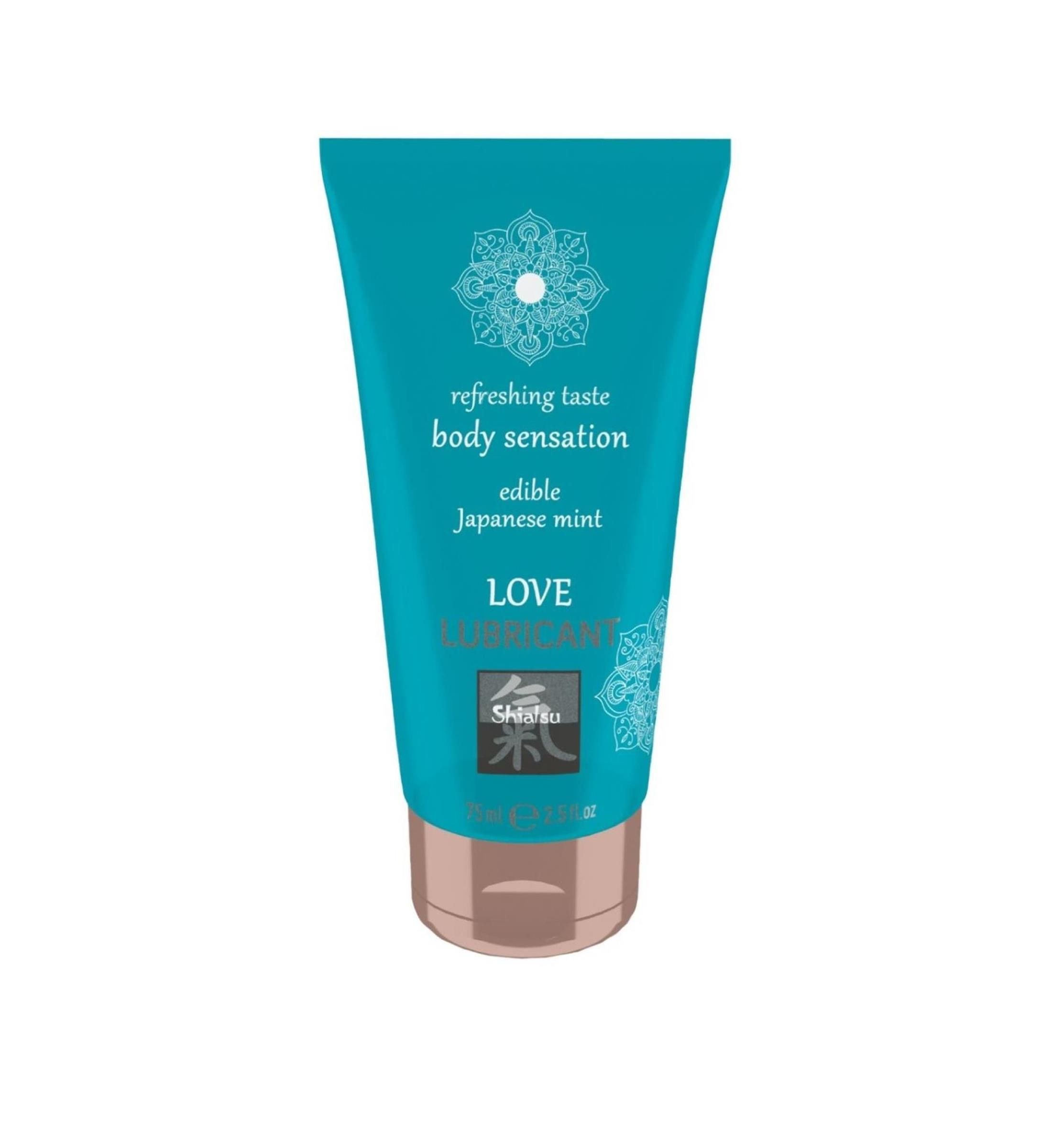 Turquoise tube met "Love Lubricant" opschrift, verfrissende smaak, Japanse munt.