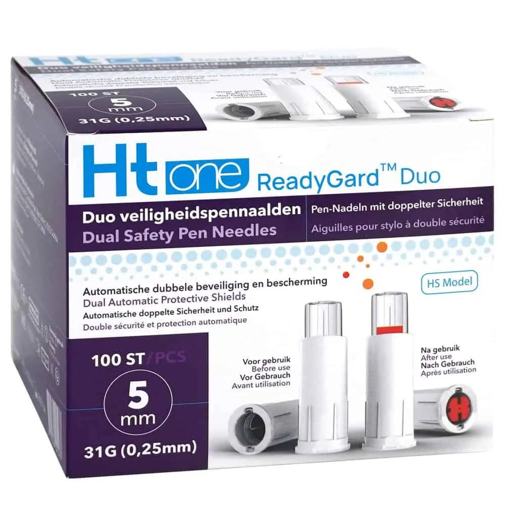 Aiguilles de stylo de sécurité HT One ReadyGard Duo 31G, 5 mm, 100 pièces. Aiguilles avec double protection.